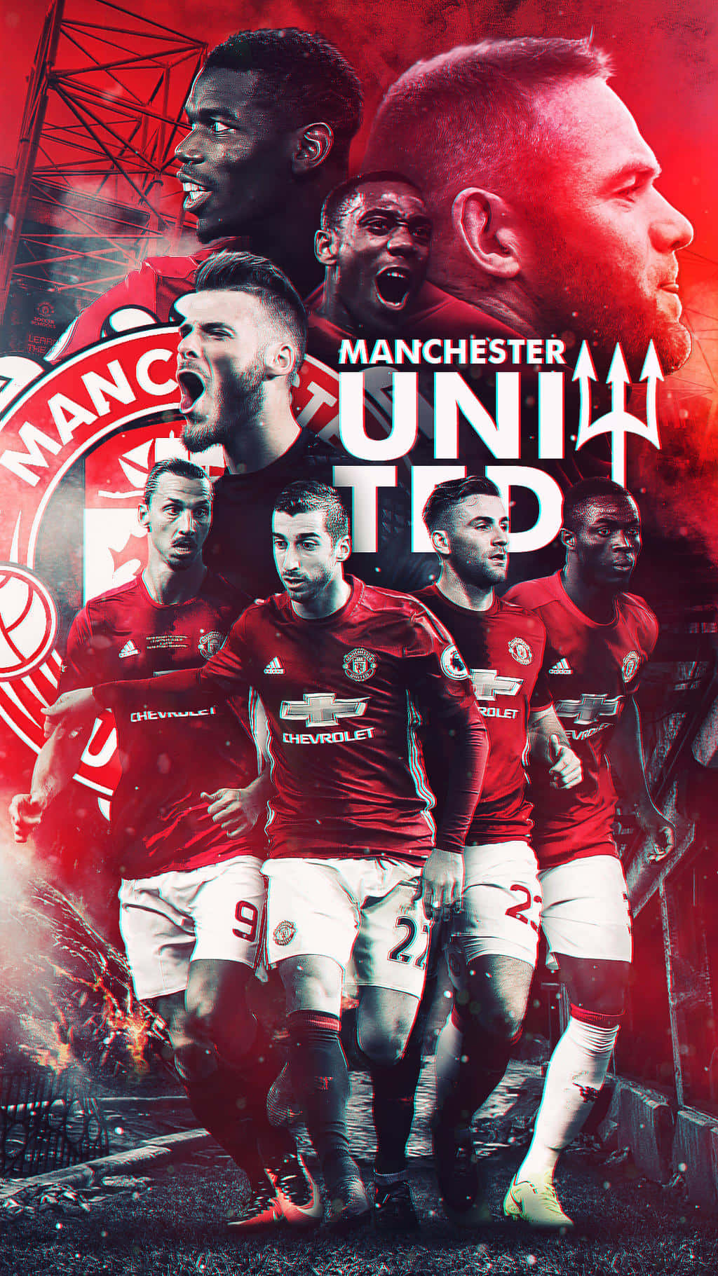 Manchester United Team 桌布 壁紙 — 動態拼貼：曼聯足球員身穿紅色球衣，在球場背景下以火熱能量慶祝。