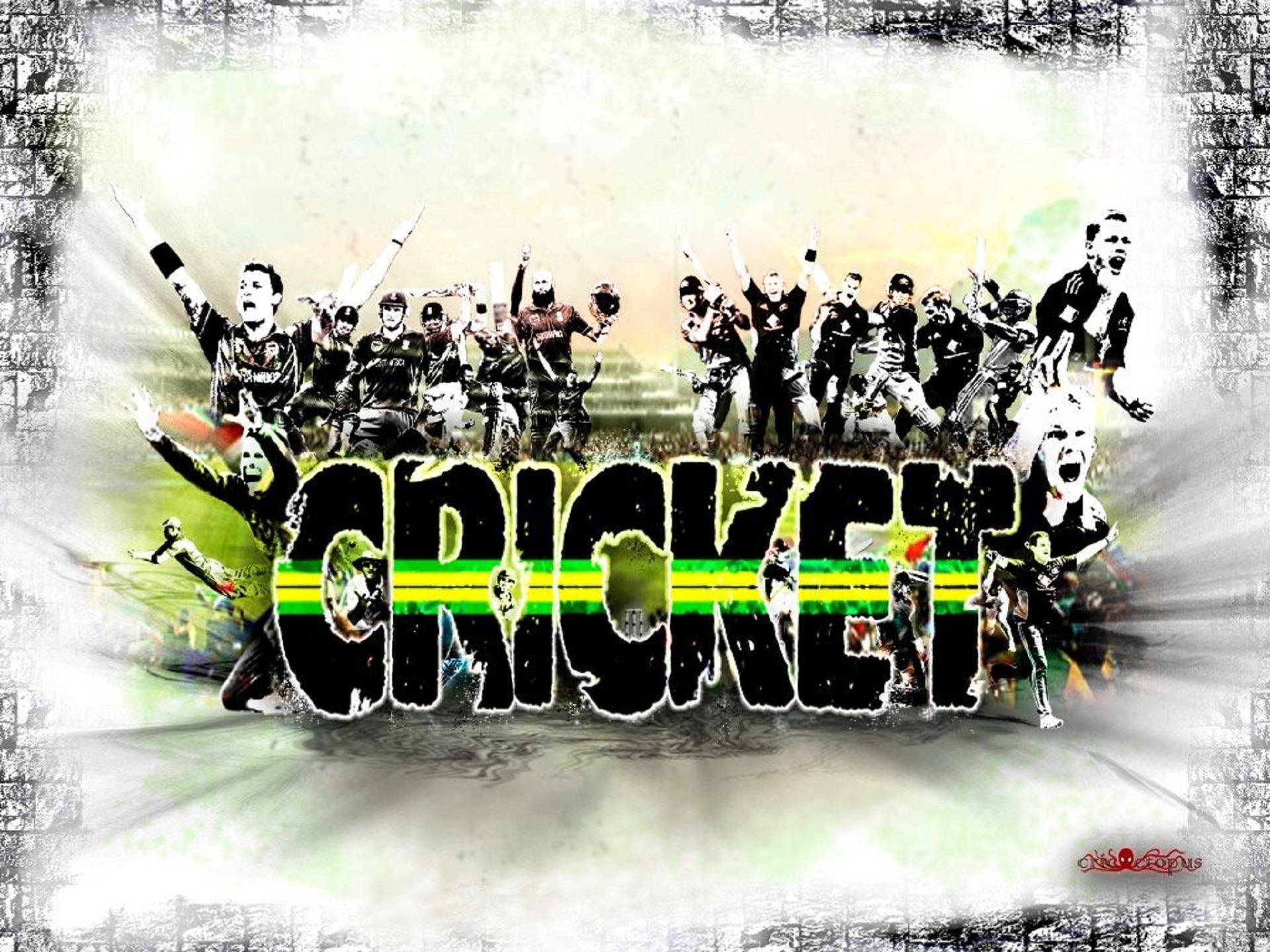 south africa cricket 桌布 壁紙 — 動態拼貼，板球運動員在粗體塗鴉風格「CRICKET」文字後方高舉雙臂慶祝。