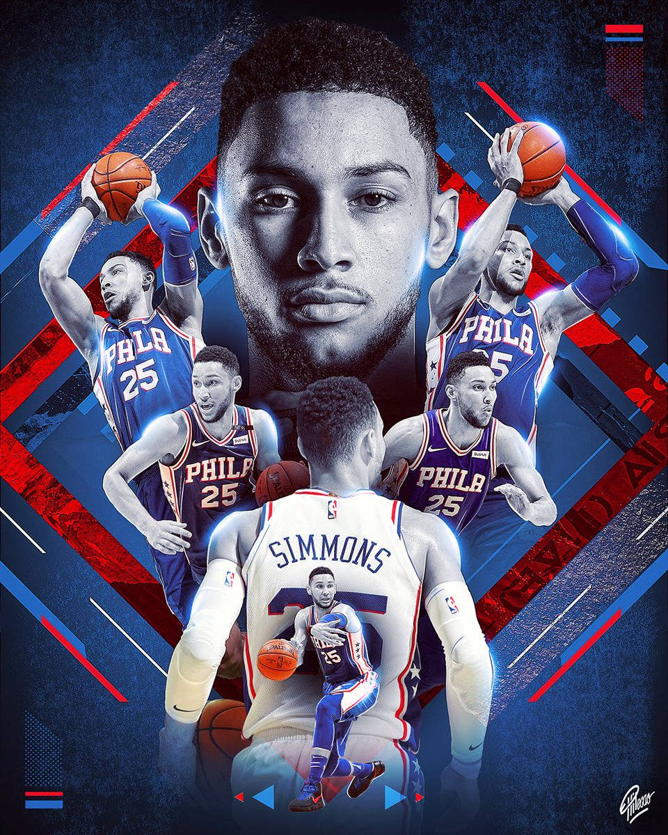 Ben Simmons 桌布 壁紙 — 動態拼貼，籃球運動員 Ben Simmons 以多種動作姿勢呈現在大膽的藍色和紅色幾何背景上。
