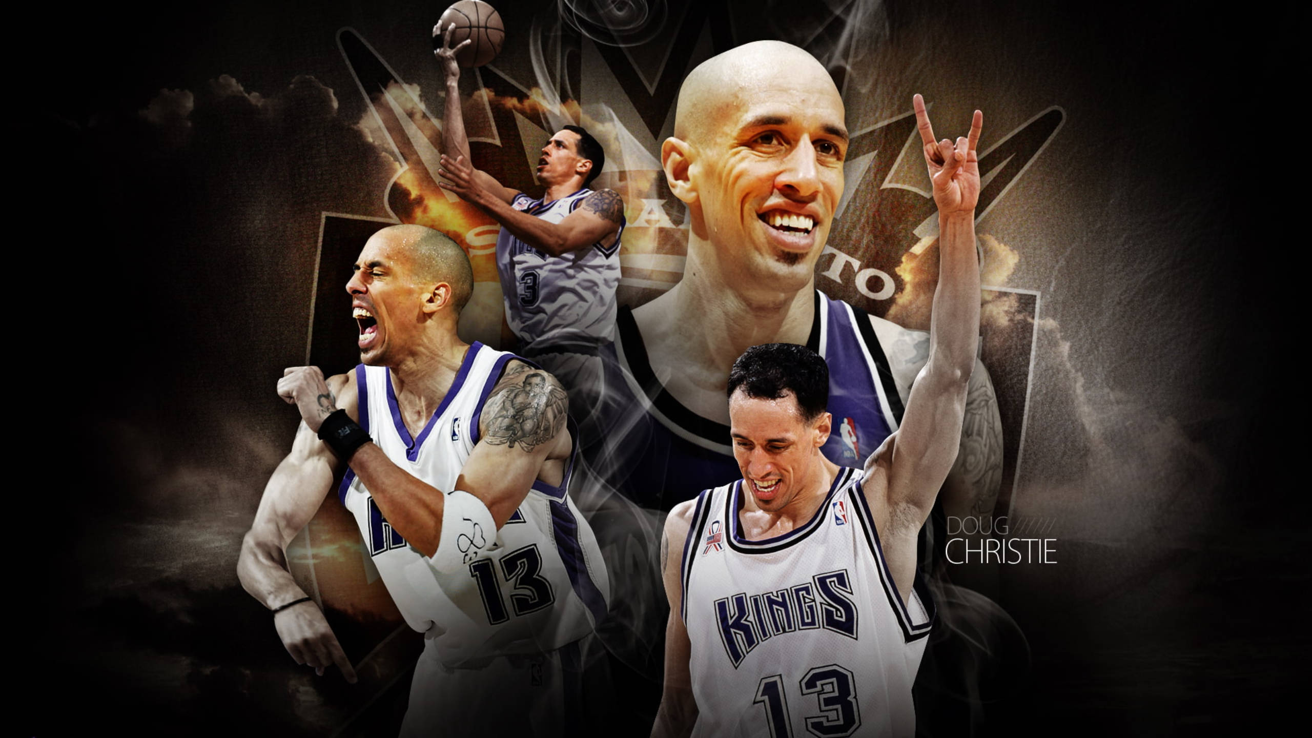 Sacramento 桌布 壁紙 — 動態拼貼，籃球運動員 Doug Christie 穿著沙加緬度國王隊球衣，在黑暗煙霧背景中擺出動作姿勢。