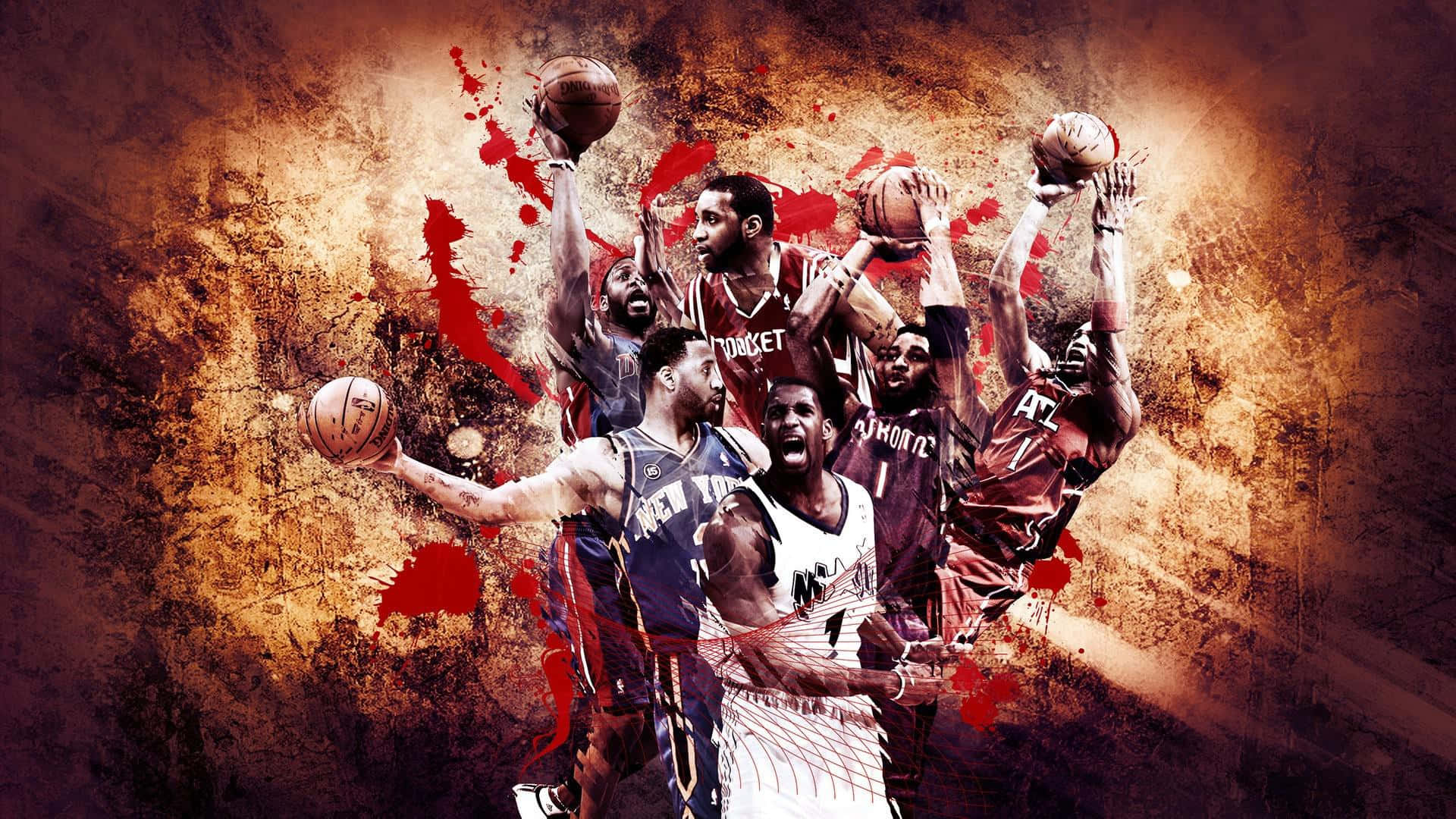 Tracy Mcgrady 桌布 壁紙 — 動態拼貼，籃球運動員在粗糙紋理背景上進行動作，並帶有紅色飛濺點綴。