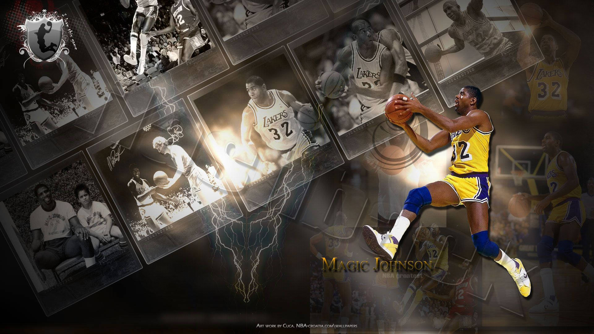 Magic Johnson 桌布 壁紙 — 動態拼貼：魔術強森身穿湖人球衣正在灌籃，周圍環繞著復古籃球照片和閃電效果。