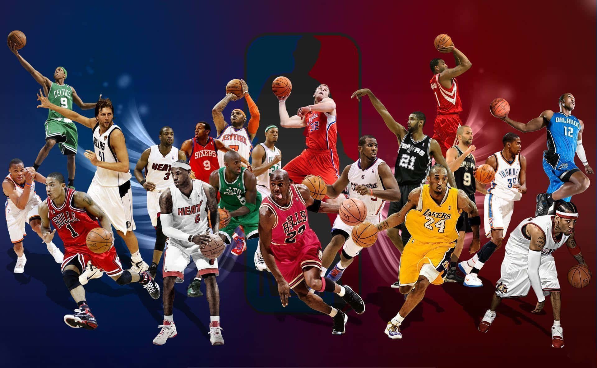 NBA Players 桌布 壁紙 — 動態拼貼畫，NBA 籃球運動員在藍紅漸變背景上做出動作姿勢，帶有 NBA 標誌。