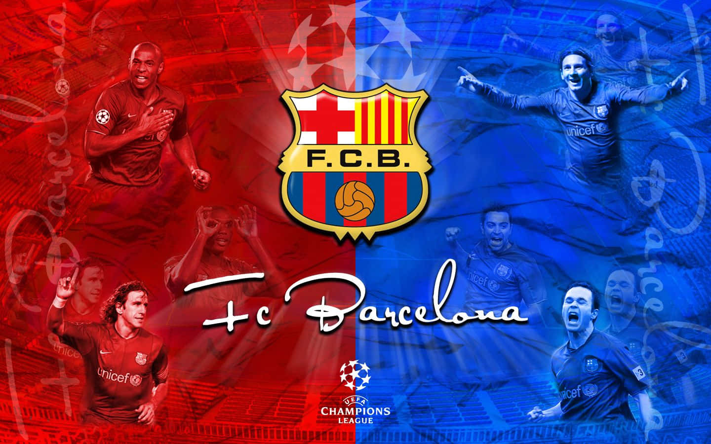 Barcelona 桌布 壁紙 — 動態拼貼畫，展示FC巴塞隆納足球員在紅藍兩半中慶祝，附有會徽和歐冠標誌。