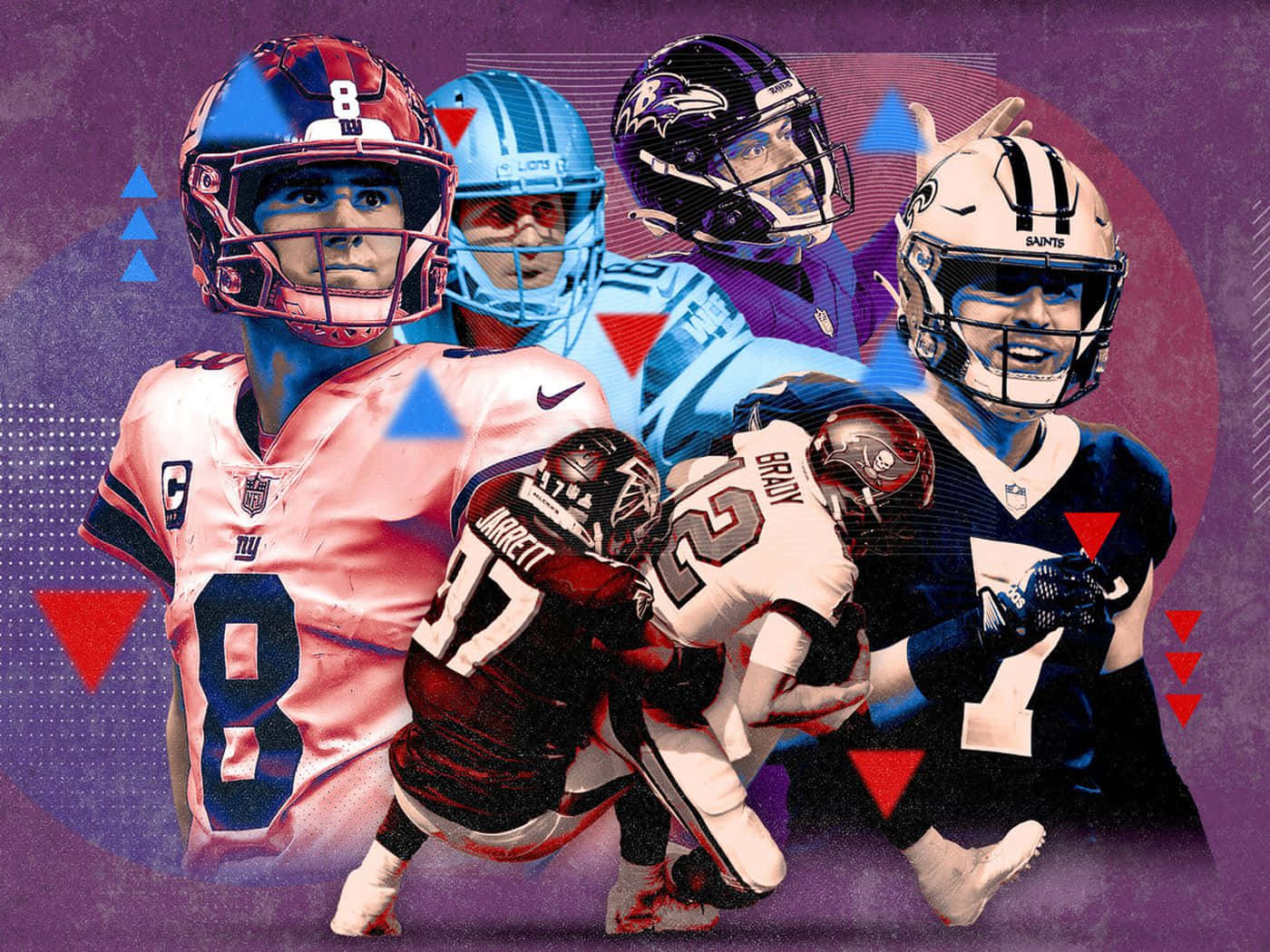 足球 桌布 壁紙 — 動態拼貼畫，展示NFL四分衛在充滿活力的幾何紫色背景上的動作姿勢。