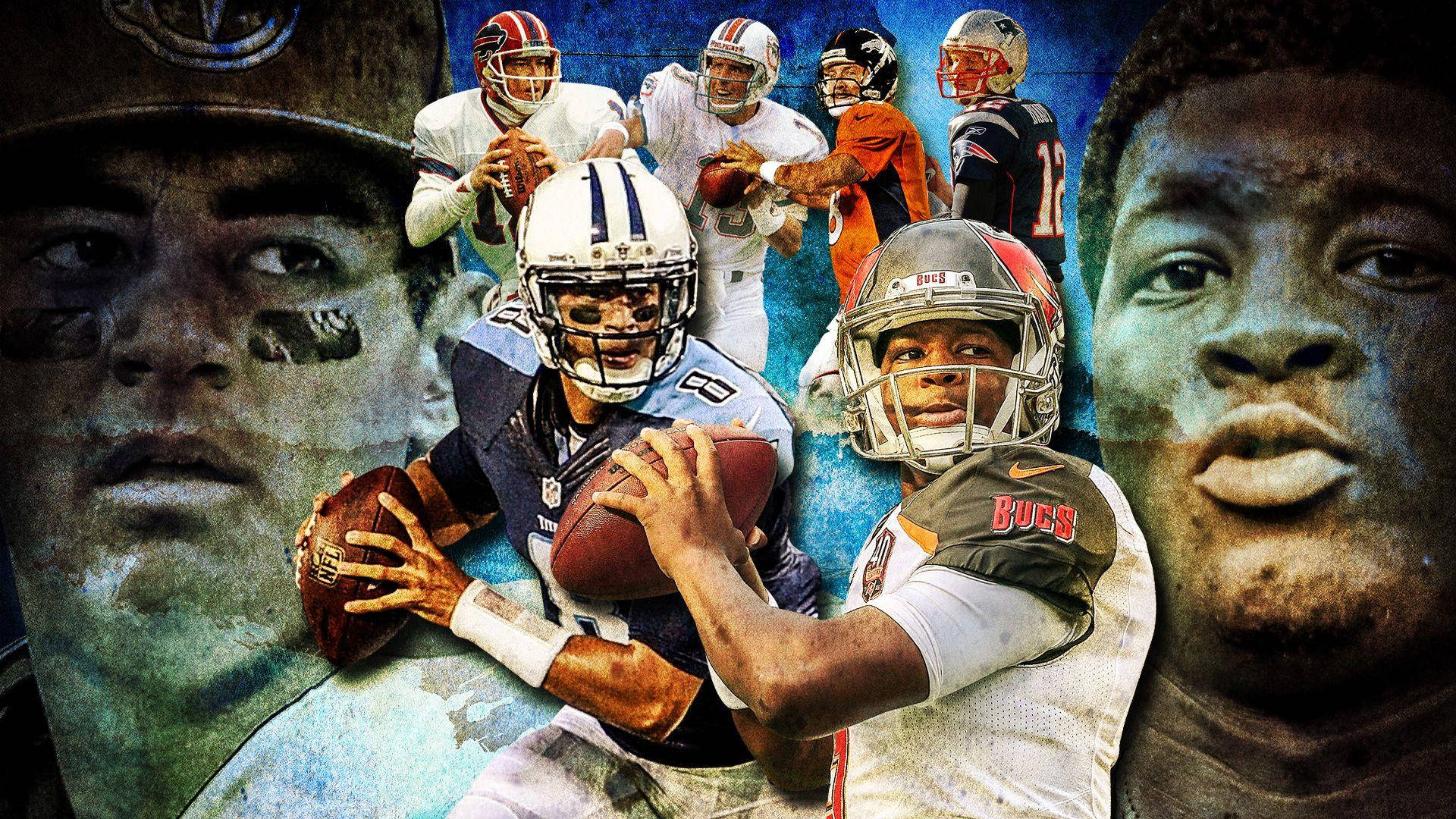 運動 桌布 壁紙 — 動態拼貼畫，展示NFL四分衛的動作姿勢，帶有強烈的面部特寫，背景為紋理藍色。