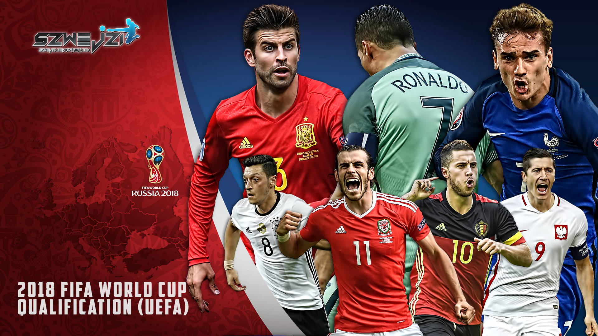 World 桌布 壁紙 — 動態拼貼畫，展示UEFA 2018世界盃資格賽中身穿鮮豔隊服的激烈足球運動員。