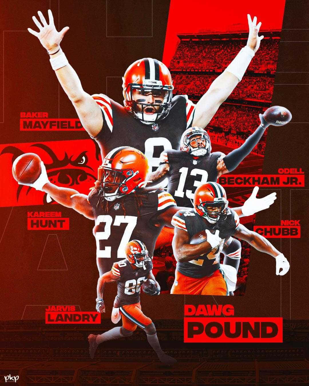 Baker Mayfield 桌布 壁紙 — 動態拼貼畫，展示克里夫蘭布朗隊美式足球運動員在搶眼的紅黑體育場背景下擺出動作姿勢。