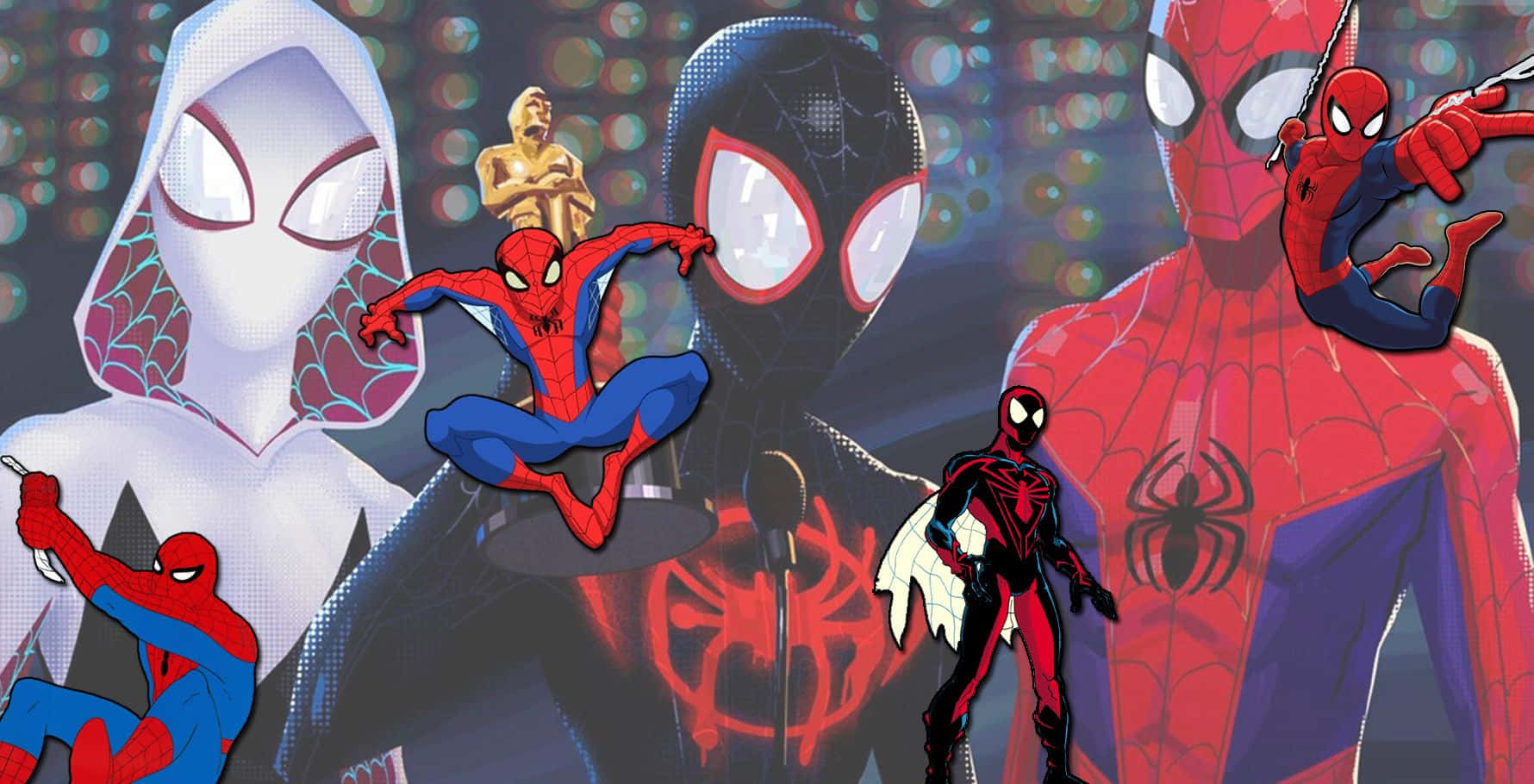 Animated Tv Show 桌布 壁紙 — 動態拼貼畫，展示多個蜘蛛人變體穿著大膽服裝，背景為發光數位背景。