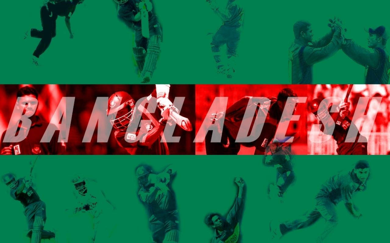 Bangladesh Cricket 桌布 壁紙 — 動態拼貼畫，展示孟加拉國板球運動員在分裂的綠色和紅色背景上的動作，並帶有粗體文字。