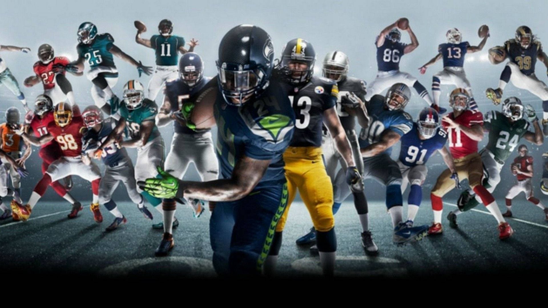 HD Football 桌布 壁紙 — 動態拼貼畫，展示美式足球運動員在深色工作室背景下穿著隊服擺出動作姿勢。