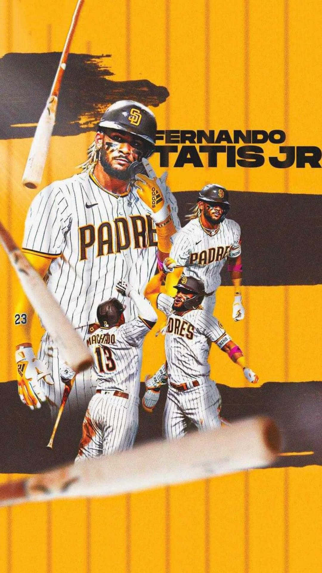 baseball bat 桌布 壁紙 — 動態拼貼畫，展示聖地牙哥教士隊棒球運動員在搶眼的黃黑條紋背景下的動作姿勢。