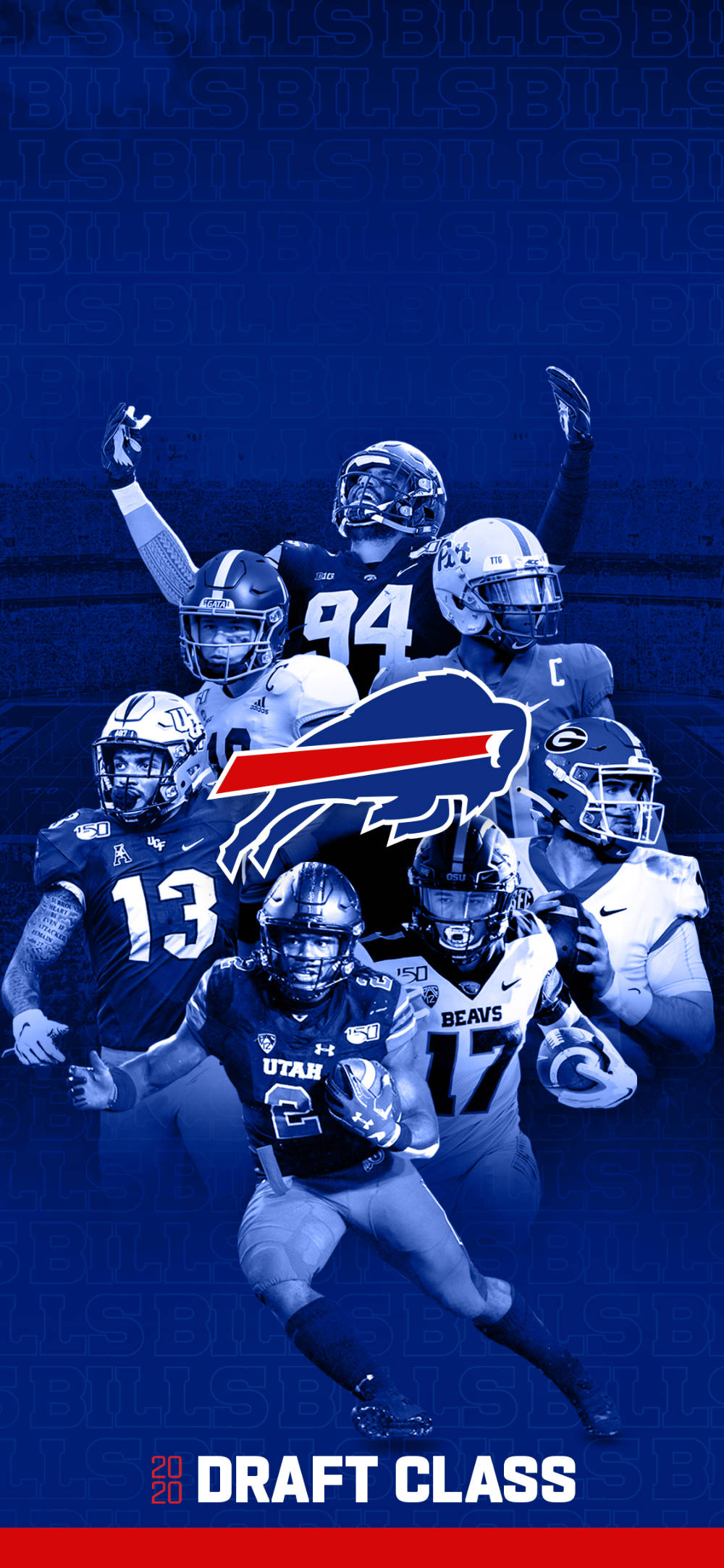 水牛城比爾 桌布 壁紙 — 動態拼貼畫，展示身穿藍色球衣的 Buffalo Bills 美式足球員，以球隊標誌和「2020 DRAFT CLASS」文字慶祝。