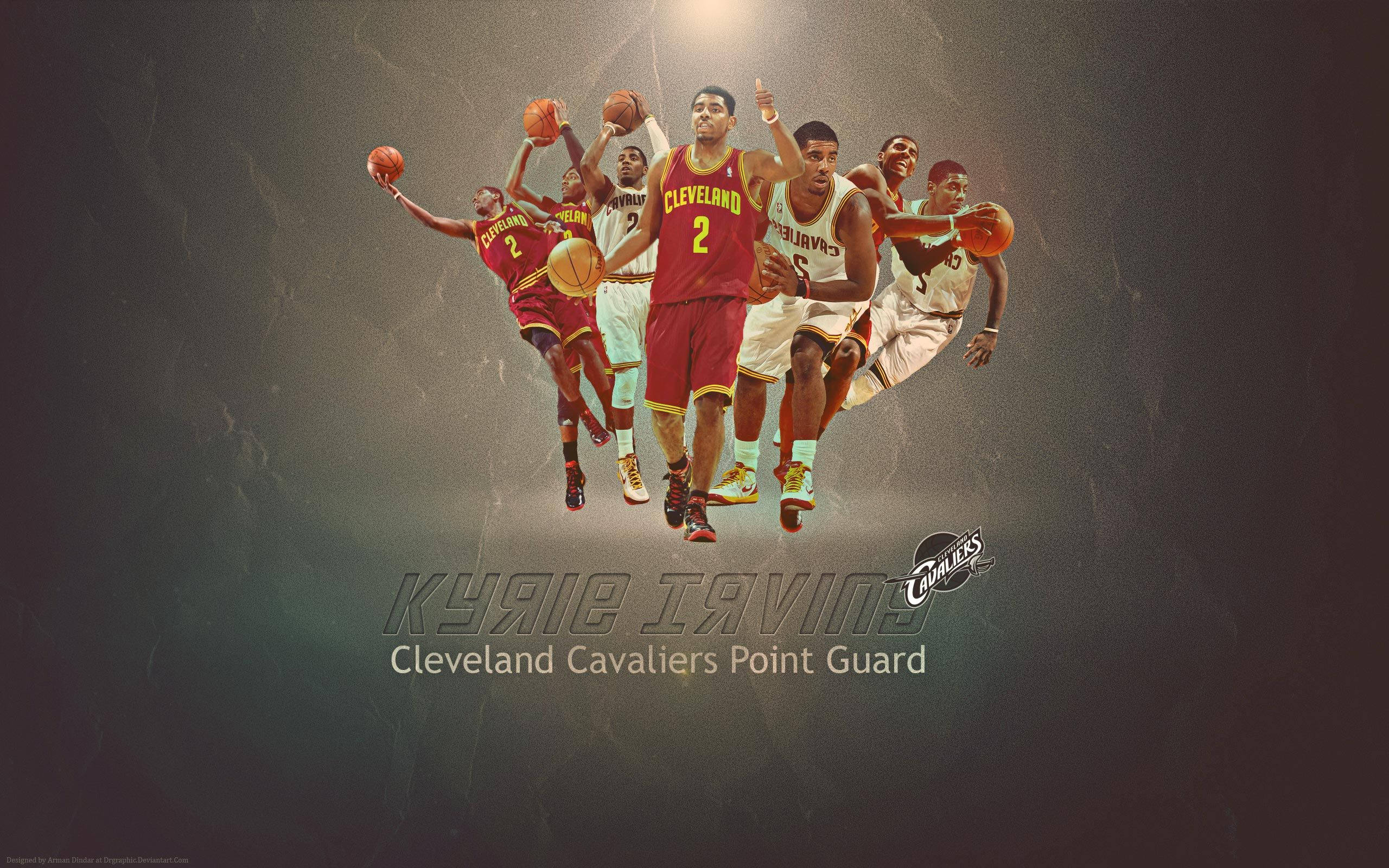 cavaliers 桌布 壁紙 — 動態拼貼畫，描繪凱里·厄文身穿克里夫蘭騎士隊球衣，在煙霧繚繞的聚光燈背景下，手持籃球進行動作。