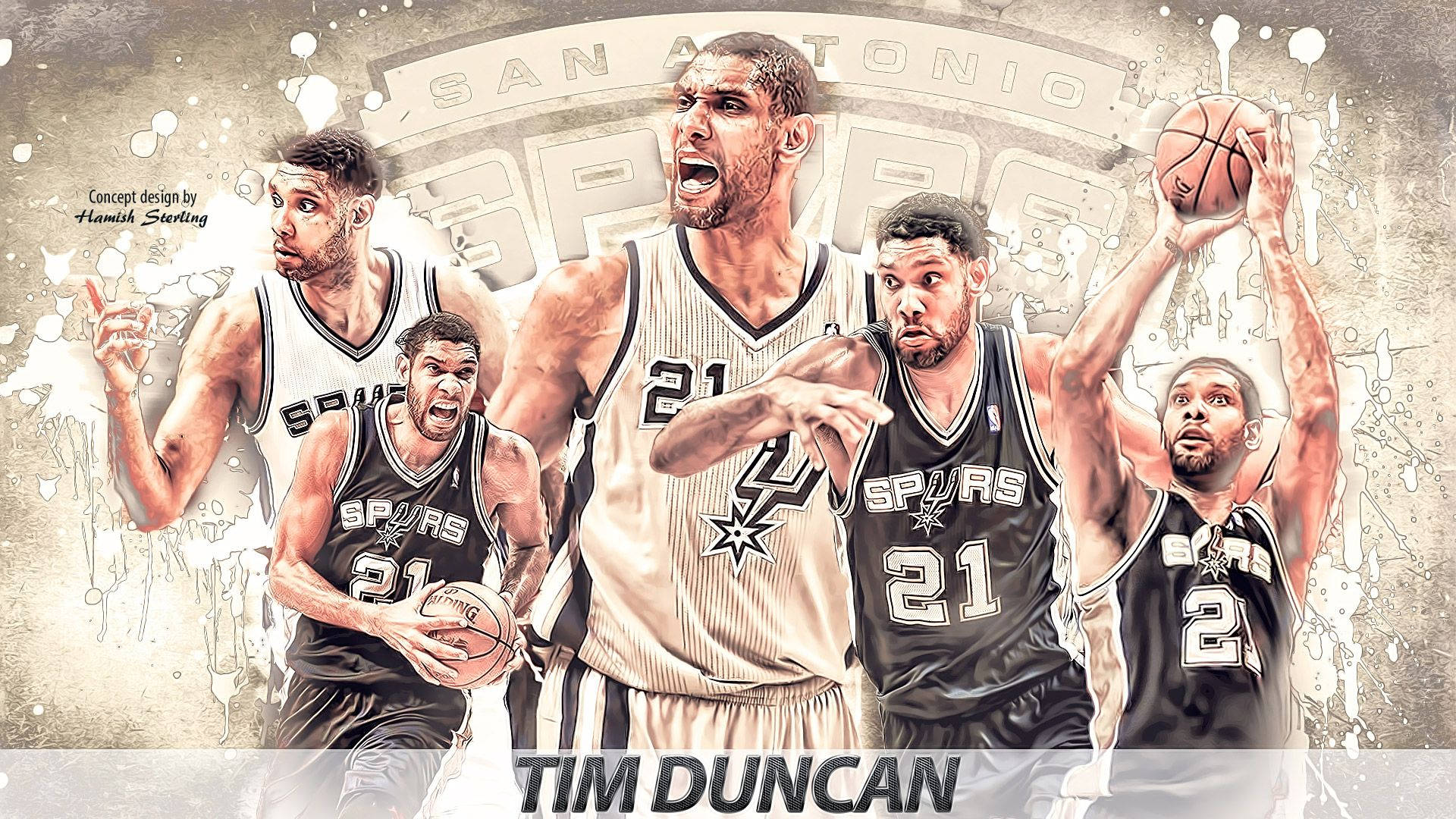 Tim Duncan 桌布 壁紙 — 動態拼貼畫，描繪身穿聖安東尼奧馬刺隊球衣的提姆·鄧肯，在油漆飛濺效果下捕捉動作瞬間。