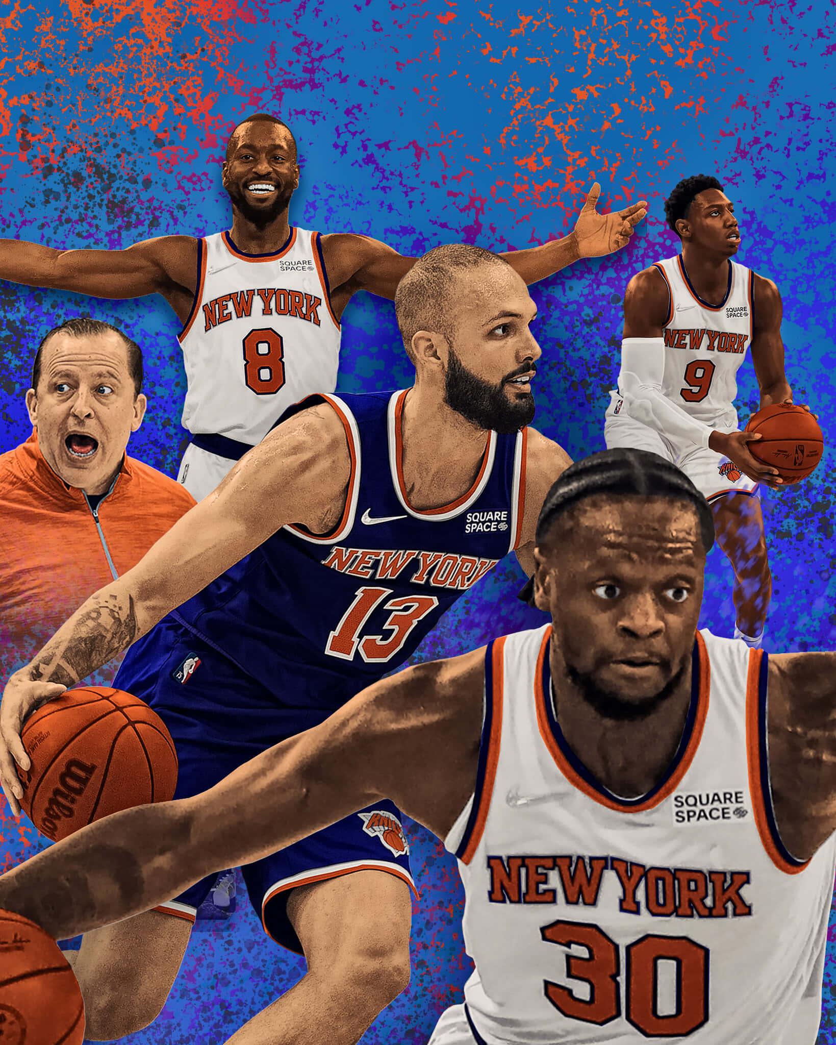 Knicks 桌布 壁紙 — 動態拼貼畫，紐約尼克隊籃球運動員以動作姿勢呈現，背景為充滿活力的藍色和橙色潑濺圖案。