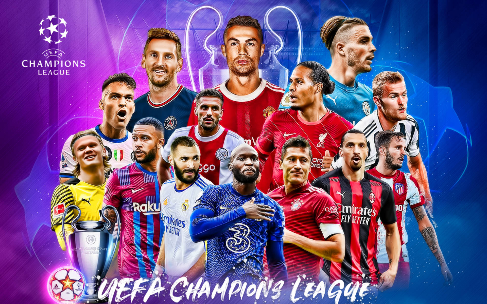 Uefa 桌布 壁紙 — 動態拼貼畫，頂級足球明星身穿球隊服裝，在發光的紫色和藍色背景前，圍繞歐冠獎盃擺姿勢。