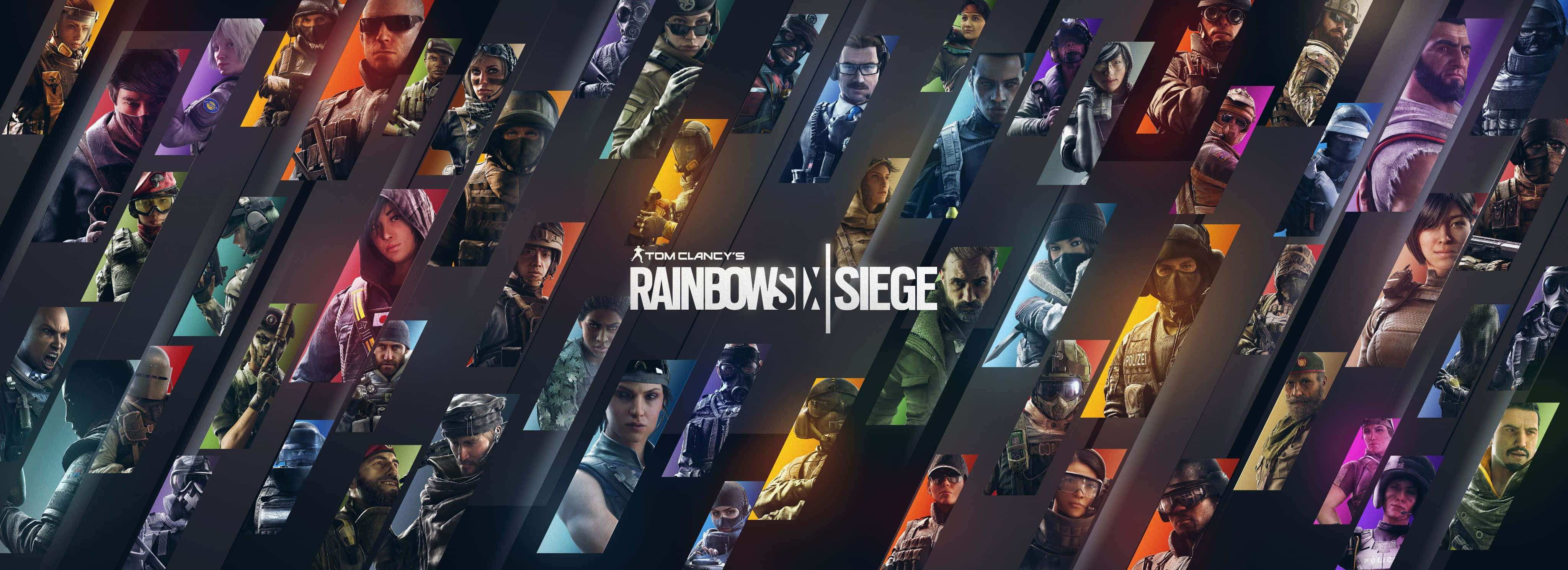 Rainbow Six Siege Operators 桌布 壁紙 — 動態拼貼虹彩六號：圍攻行動幹員，採用彩色對角線面板，遊戲標誌居中。