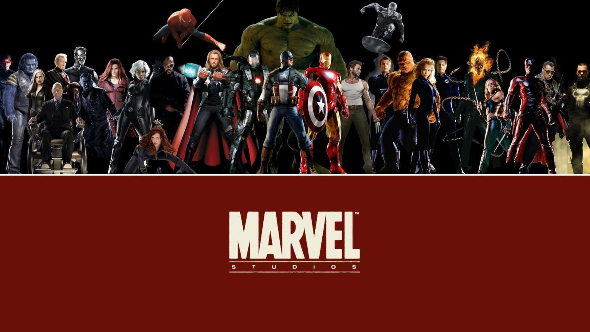 Marvel Desktop 桌布 壁紙 — 動態排列的漫威超級英雄和反派，以黑色背景為襯托，下方大膽的紅色部分顯示漫威工作室標誌。