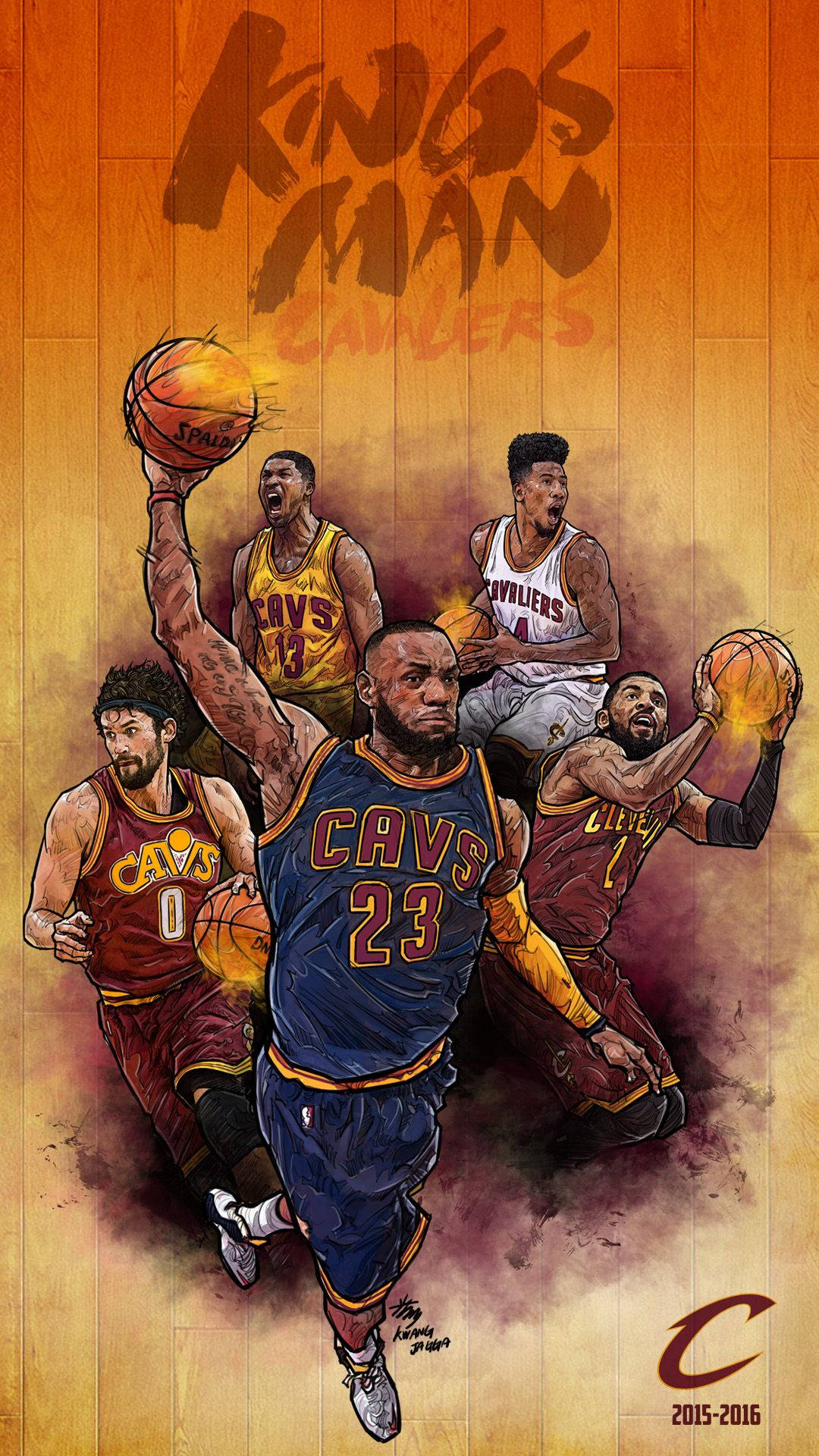 勒布朗·詹姆斯 桌布 壁紙 — 動態插圖描繪克里夫蘭騎士隊籃球運動員在木質球場背景下，以火熱的橙色和紫色色調進行比賽。