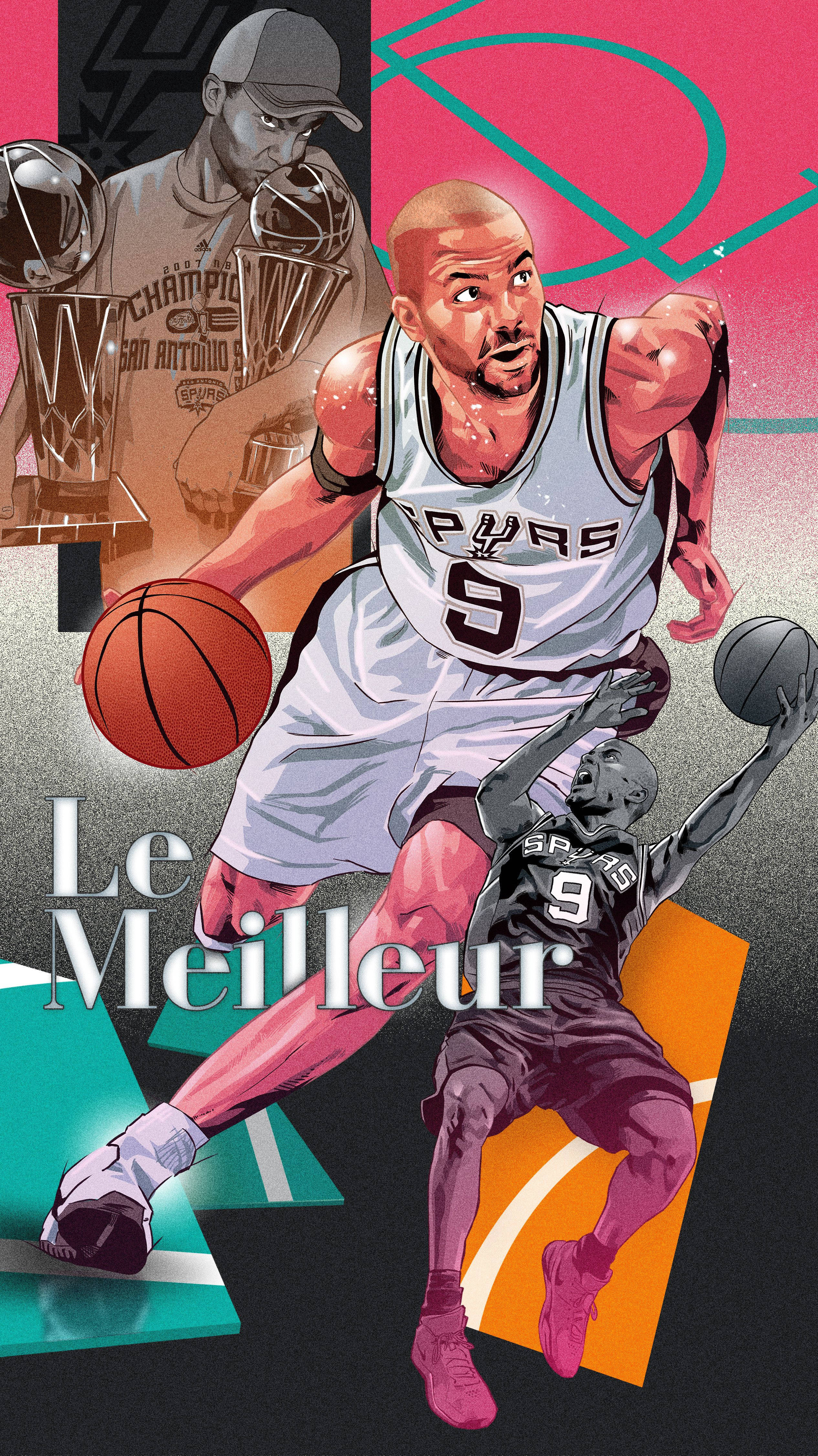 Tony Parker 桌布 壁紙 — 動態插圖籃球運動員身穿馬刺球衣，運球越過防守者，背景有冠軍獎盃和鮮明的幾何色彩。