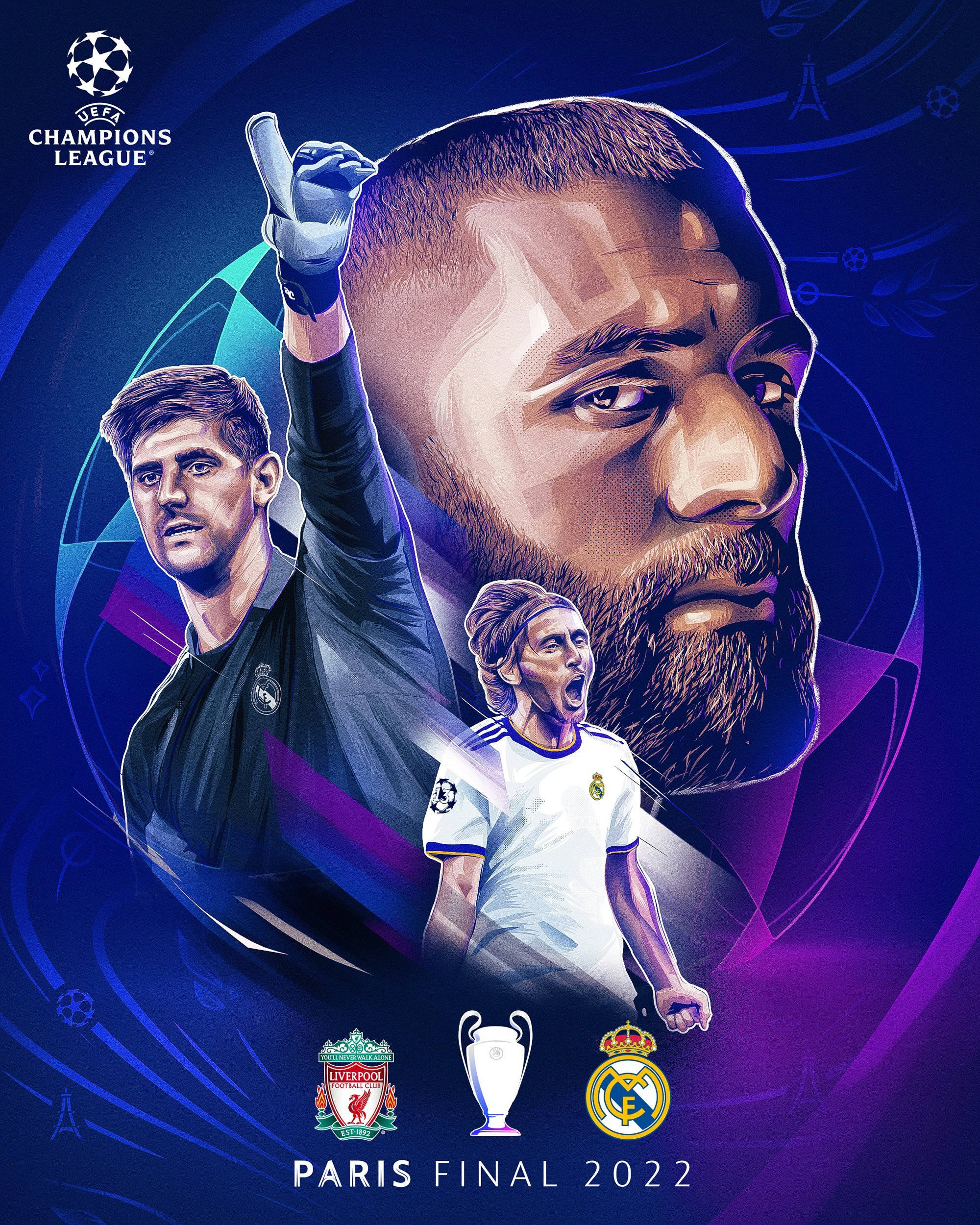 Champions League 桌布 壁紙 — 動態數位插圖，描繪足球明星慶祝歐冠決賽，搭配大膽的紫藍色漸層和獎盃圖示。