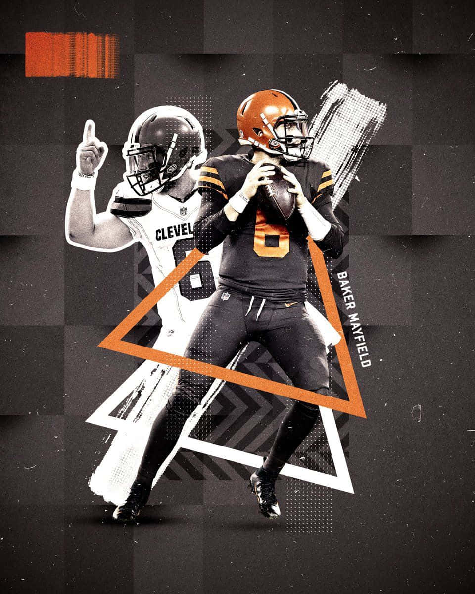 Baker Mayfield 桌布 壁紙 — 動態數位藝術作品，描繪兩名克里夫蘭布朗隊美式足球員在幾何黑色和橙色背景前擺出動作姿勢。