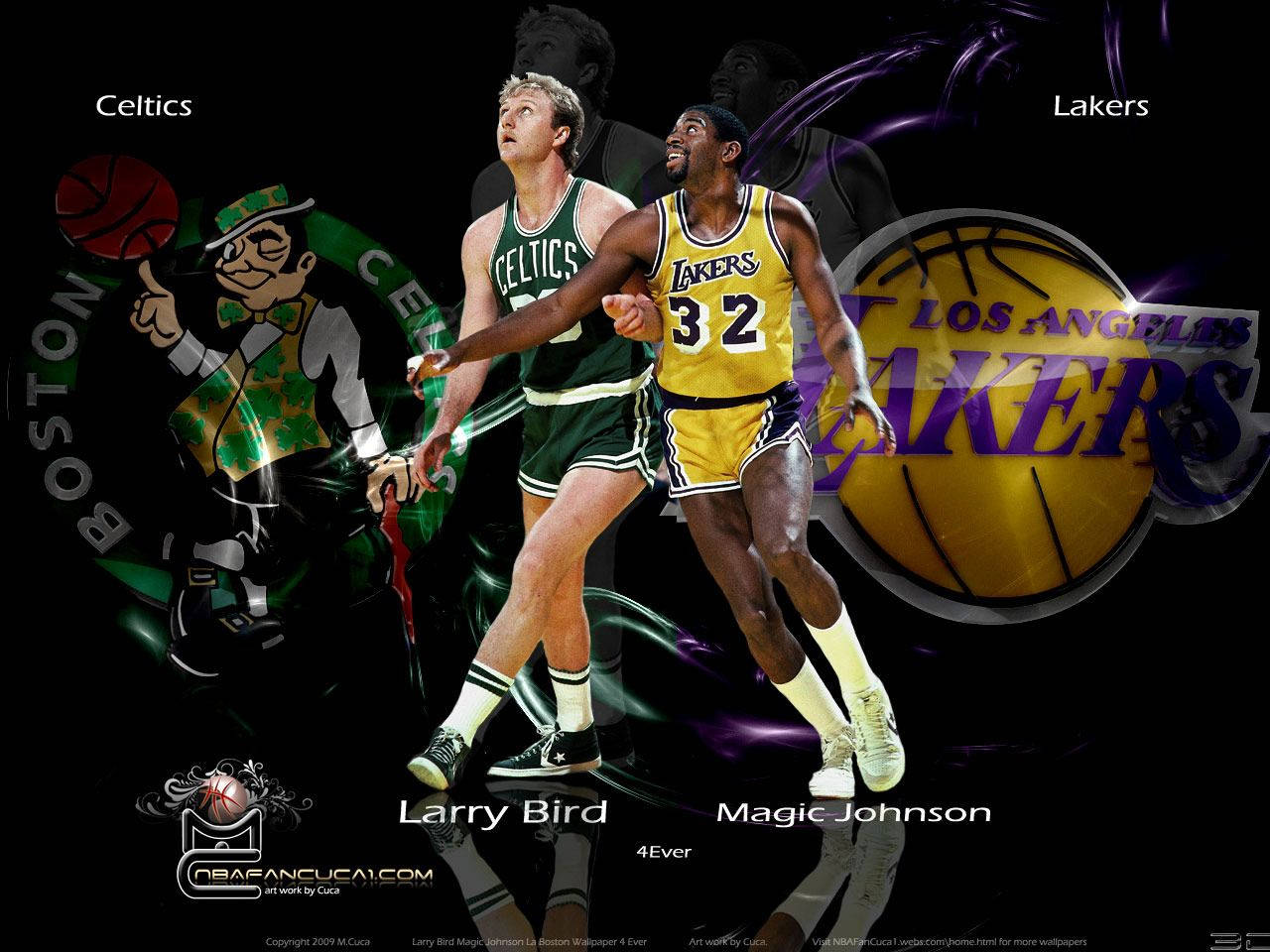 Magic Johnson 桌布 壁紙 — 動態數位藝術作品，描繪拉里·伯德和魔術師約翰遜在比賽中的動作，並帶有塞爾提克隊和湖人隊的標誌及球隊吉祥物。