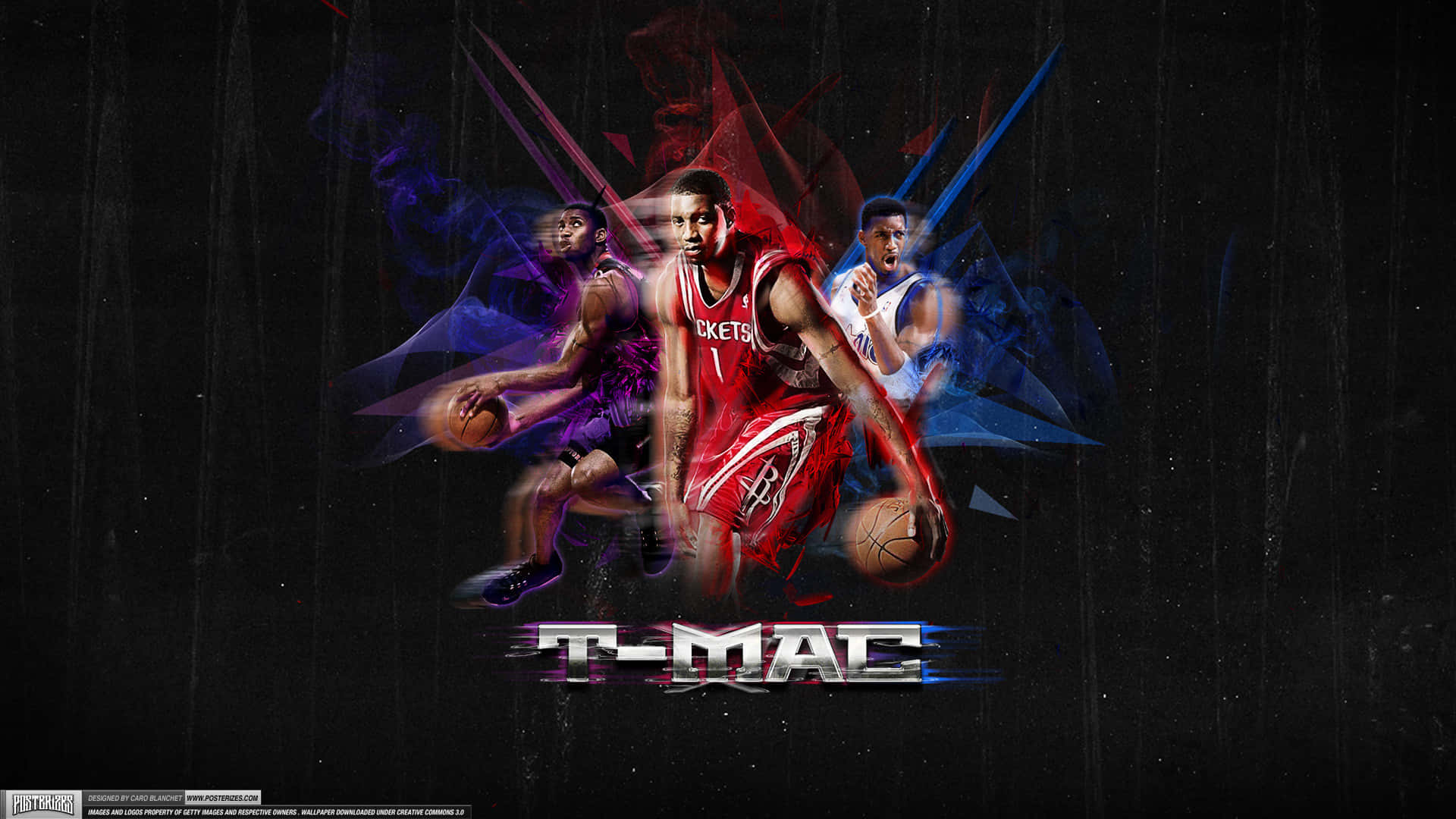 Tracy Mcgrady 桌布 壁紙 — 動態數位藝術作品，籃球運動員 Tracy McGrady 身穿紅色球衣，在深色紋理背景前被發光的藍色和紫色能量效果包圍。