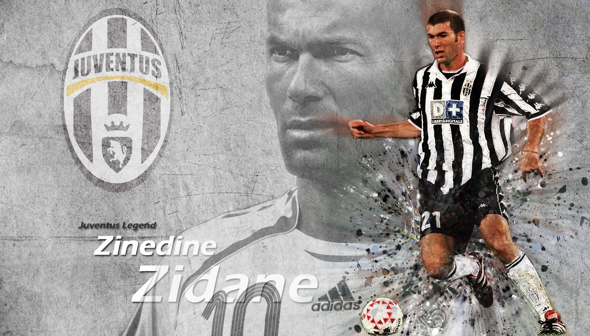 足球 桌布 壁紙 — 動態桌布 featuring 足球傳奇 Zinedine Zidane 身穿 Juventus 球衣，附有球隊標誌和油漆潑濺效果。