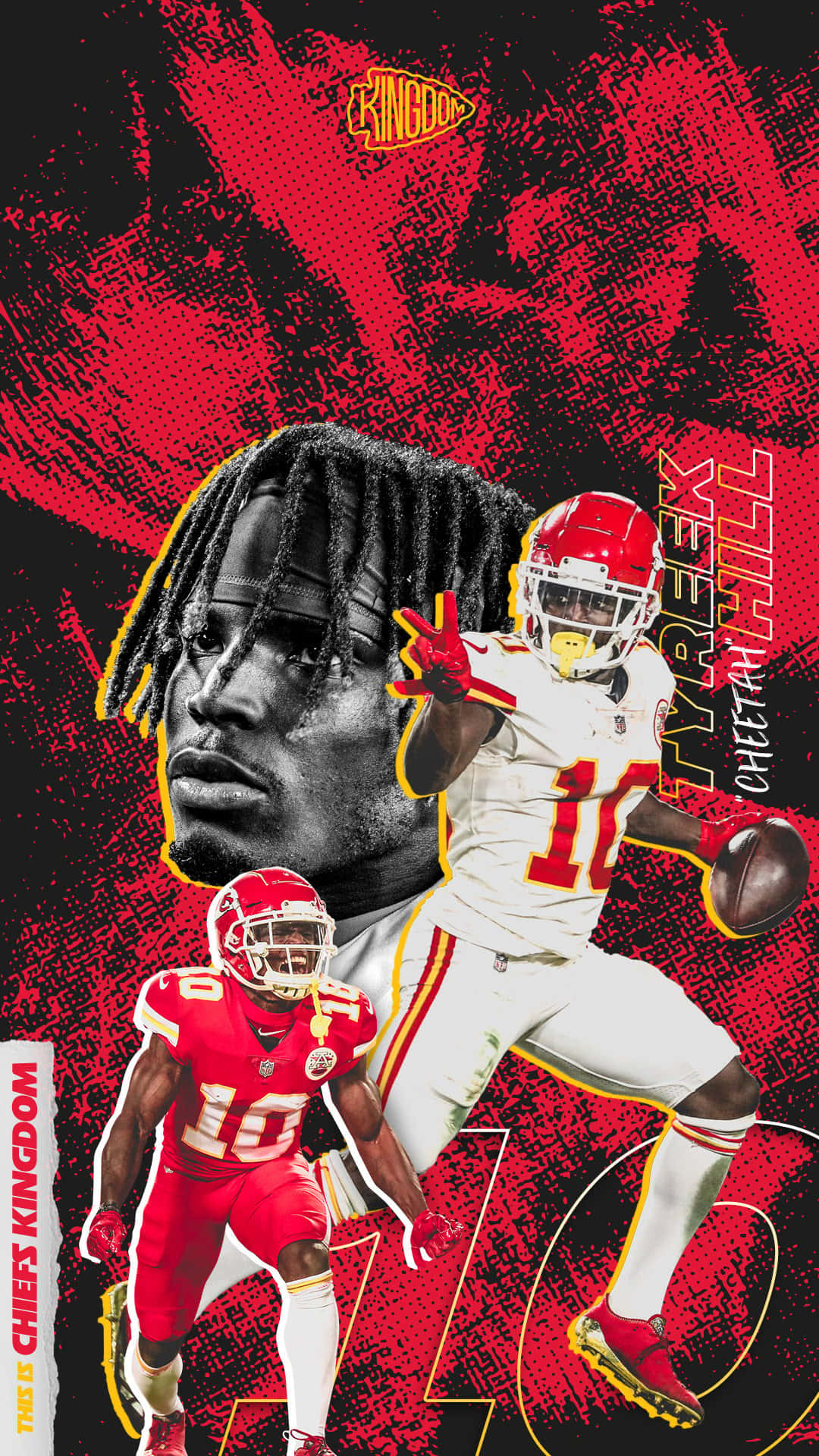 Kansas City Chiefs 桌布 壁紙 — 動態桌布，以堪薩斯城酋長隊球員泰里克·希爾在行動中搭配大膽的紅色和黑色圖形元素為特色。