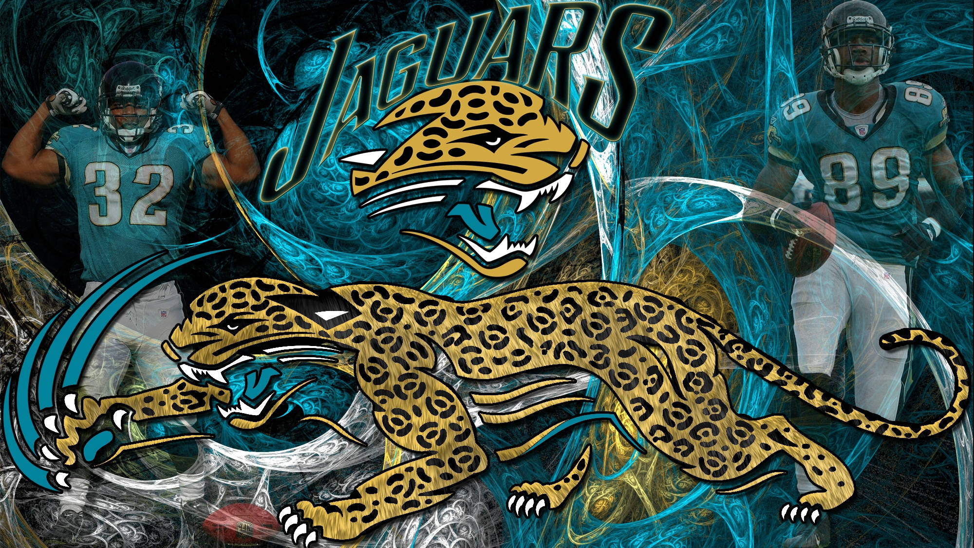 Jaguars 桌布 壁紙 — 動態桌布，以旋轉的藍綠色和金色數位藝術呈現傑克遜維爾美洲虎隊的足球運動員和球隊標誌。
