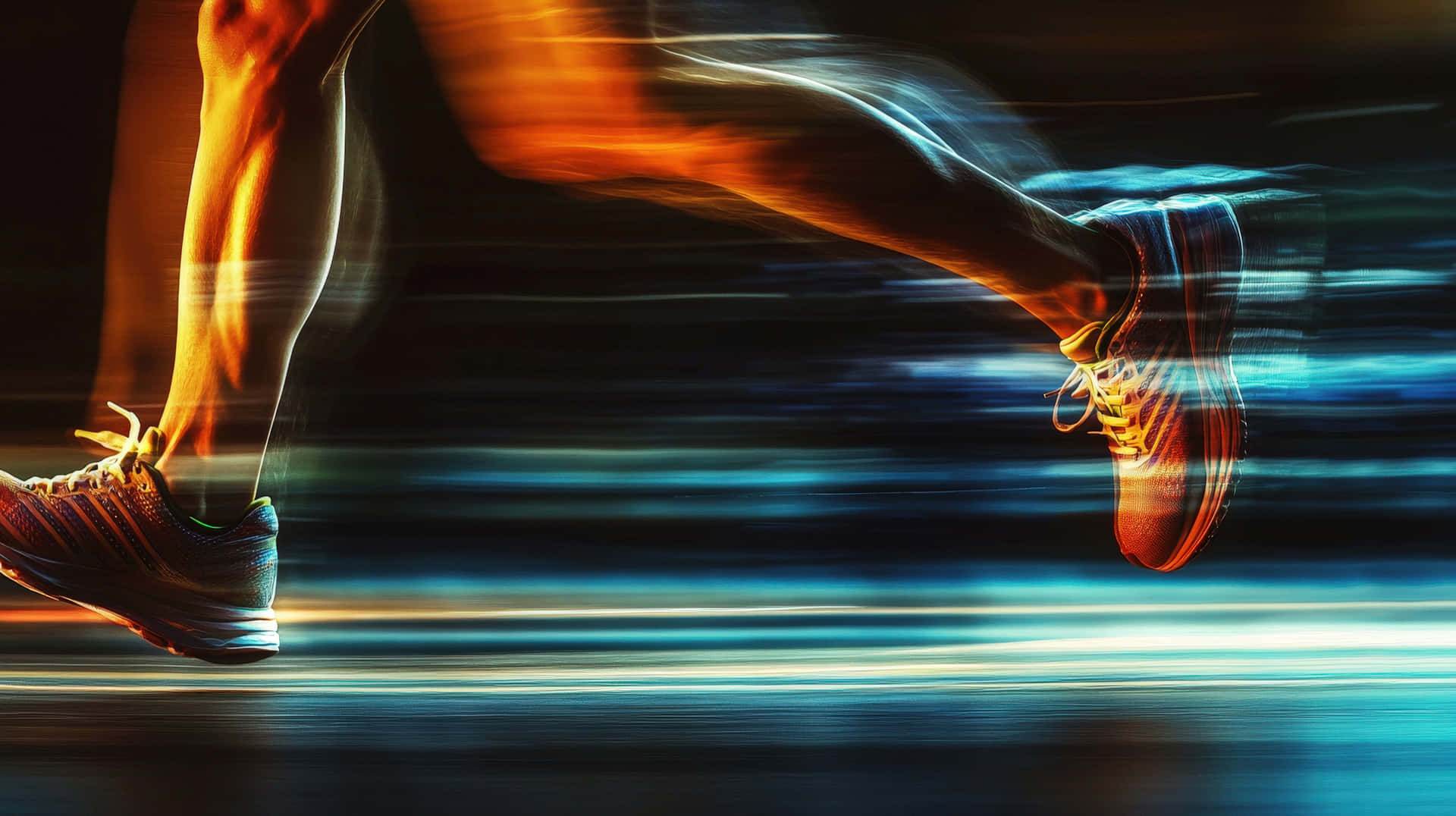 A dynamic image of a runner's legs with a futuristic blue glow and speed bursts 壁紙 — 動態模糊效果捕捉跑者跨步中的雙腿，在深色背景上留下火橙色和電光藍色條紋。