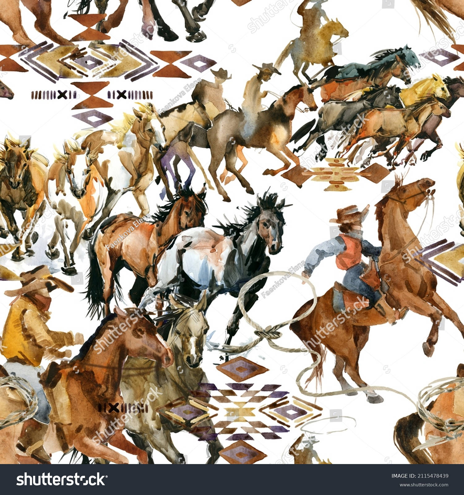 American Cowboy 桌布 壁紙 — 動態水彩插圖，描繪牛仔騎著奔騰的馬匹，搭配幾何部落圖案。