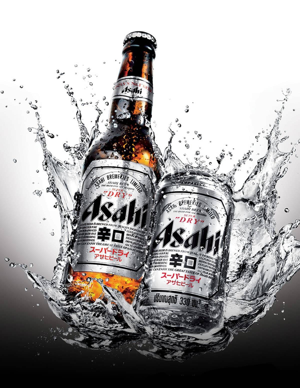 Beer 桌布 壁紙 — 動態水花圍繞著一瓶和一罐朝日超乾啤酒，背景為灰色漸變。