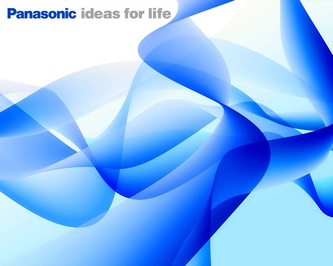 Panasonic 桌布 壁紙 — 動態流動的藍色絲帶在明亮的白色背景上旋轉，呈現出時尚的數位抽象設計。