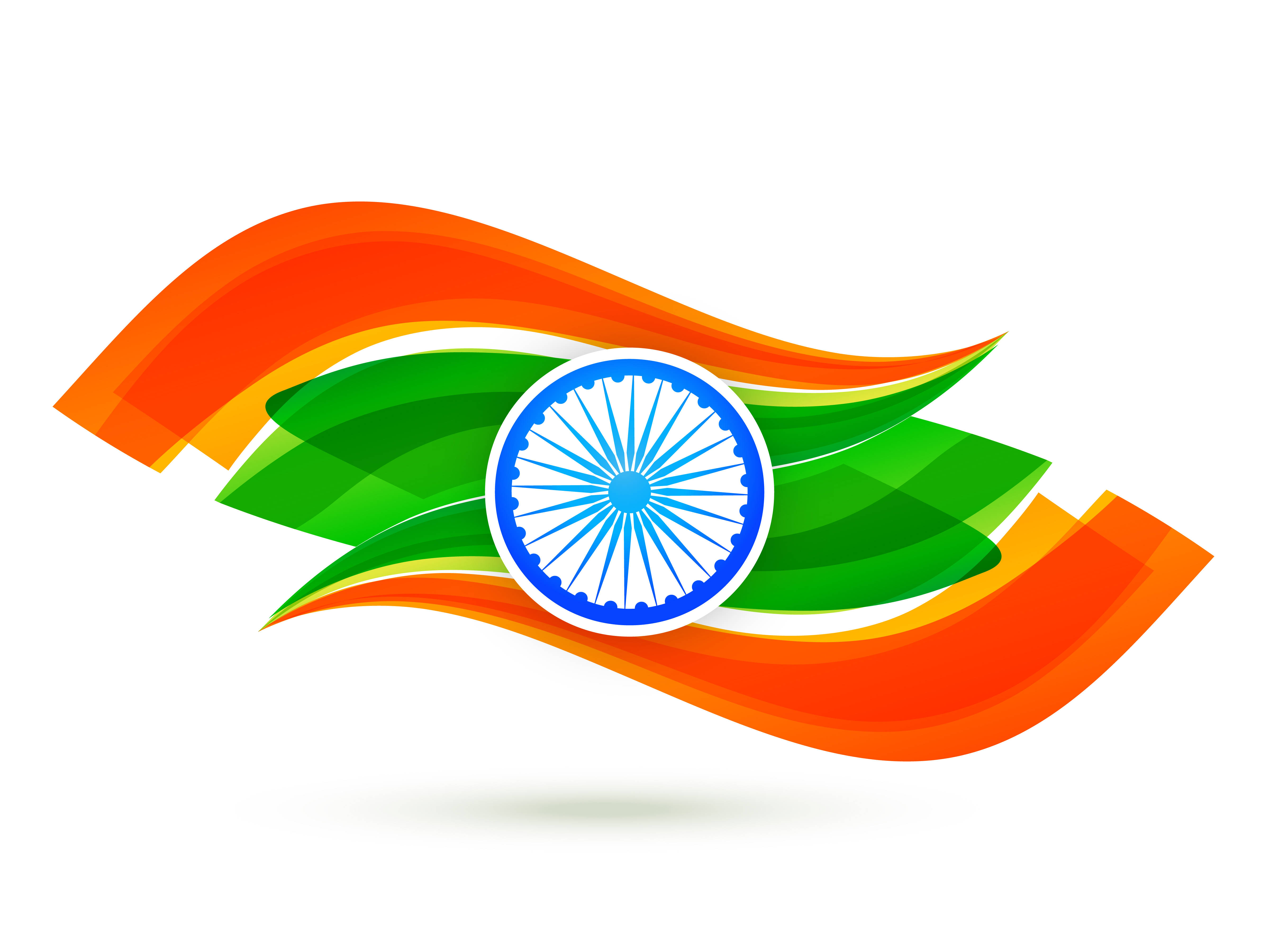 Indian 桌布 壁紙 — 動態流動的藏紅花、綠色和白色條紋，白色背景中央有藍色阿育王法輪。
