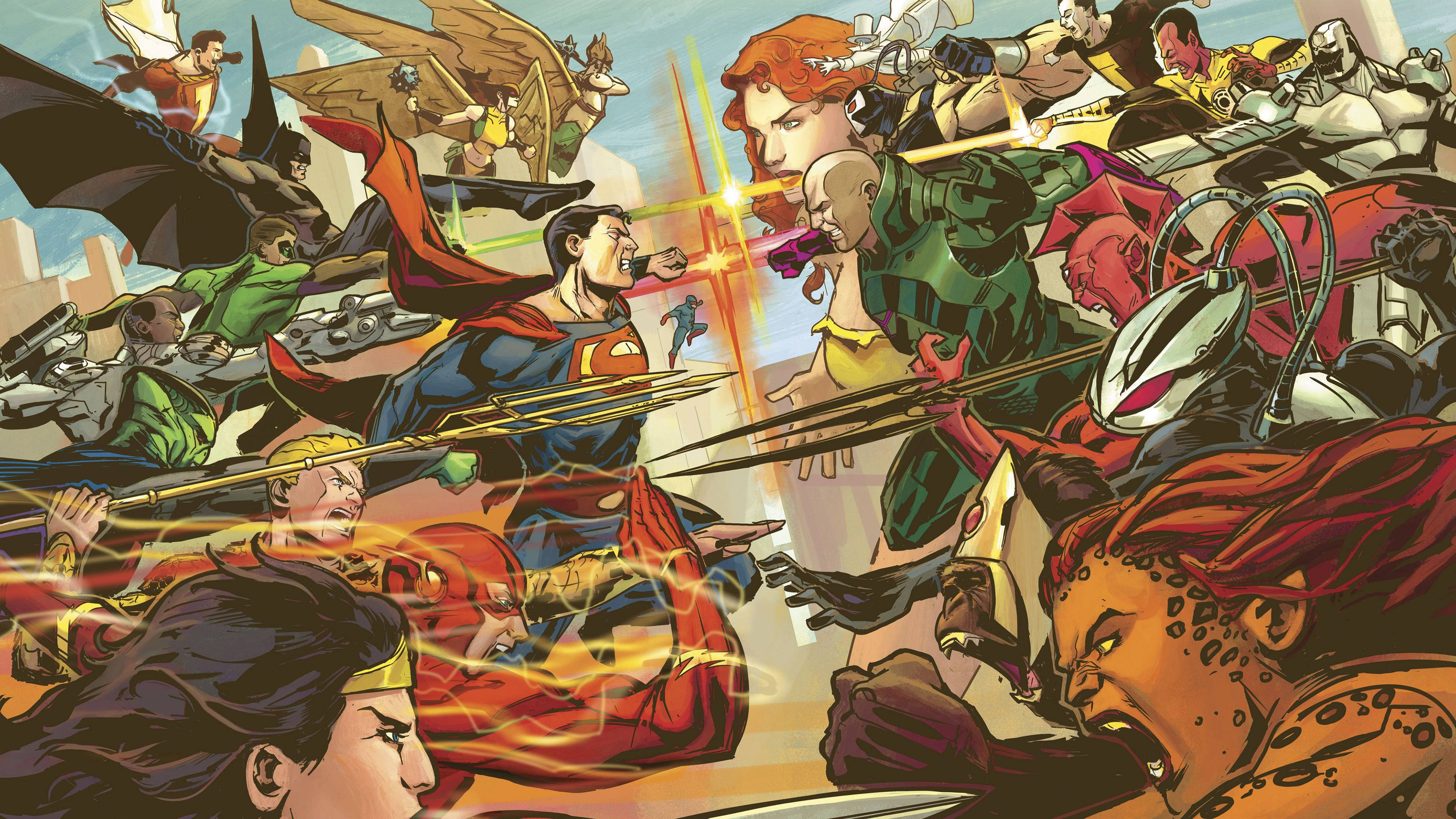 comic 桌布 壁紙 — 動態漫畫戰鬥場景， featuring Superman、Wonder Woman 和其他英雄在混亂的城市天空中與反派交戰。