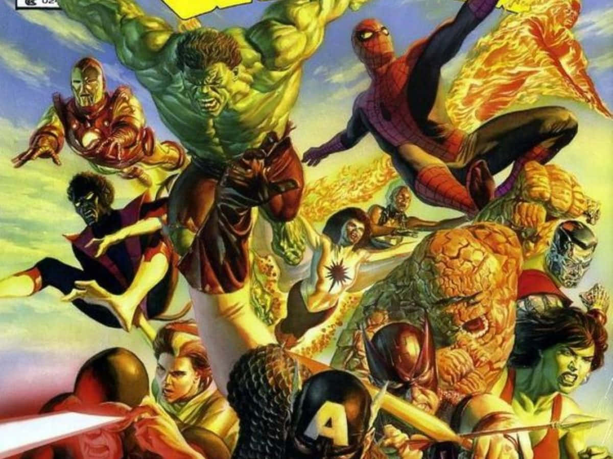 Secret Wars 桌布 壁紙 — 動態漫畫插圖，描繪Marvel超級英雄如浩克和蜘蛛人在明亮天空下展開行動。