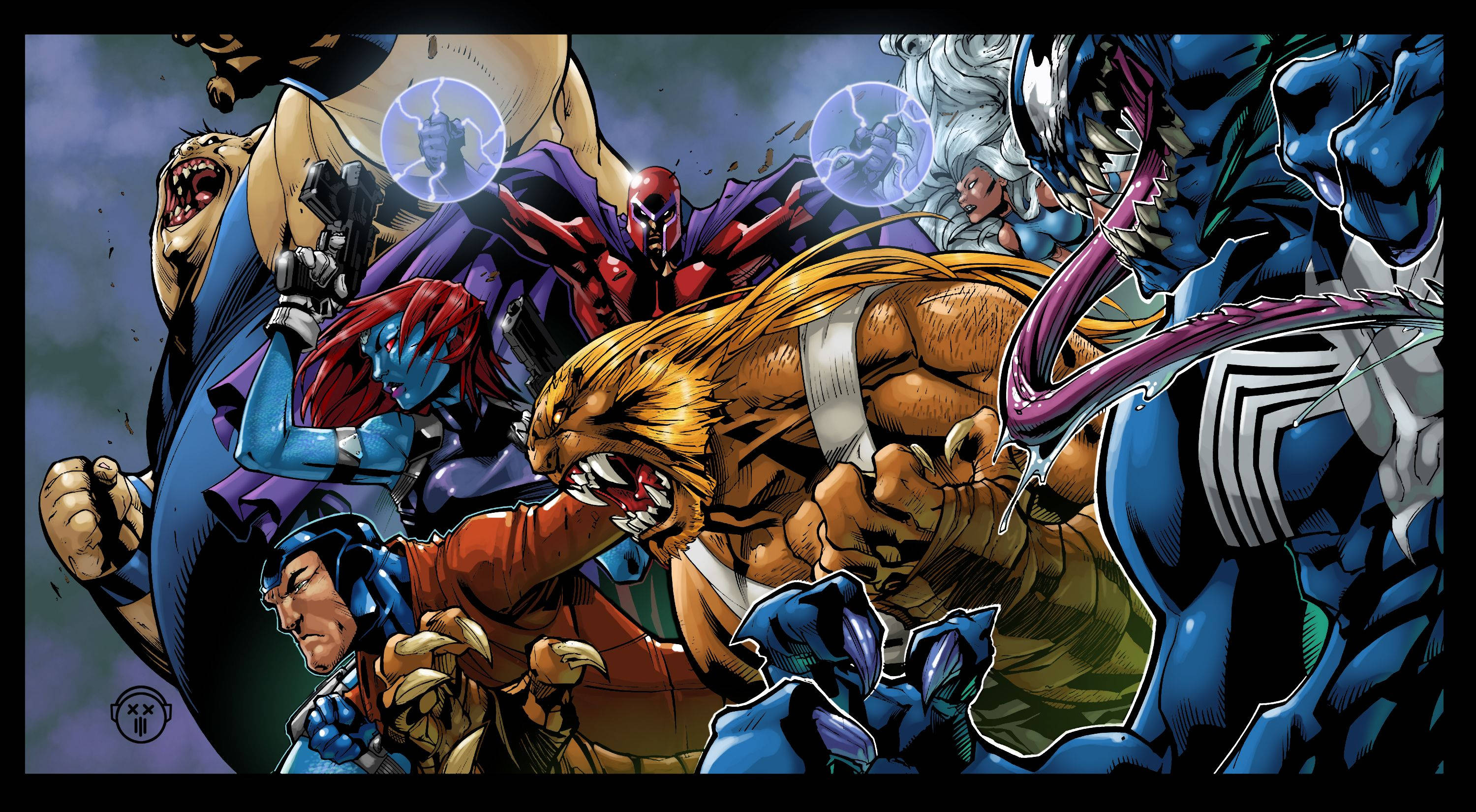 Villains 桌布 壁紙 — 動態漫畫插圖，描繪X-Men角色在戰鬥中，表情激烈，能量爆發。