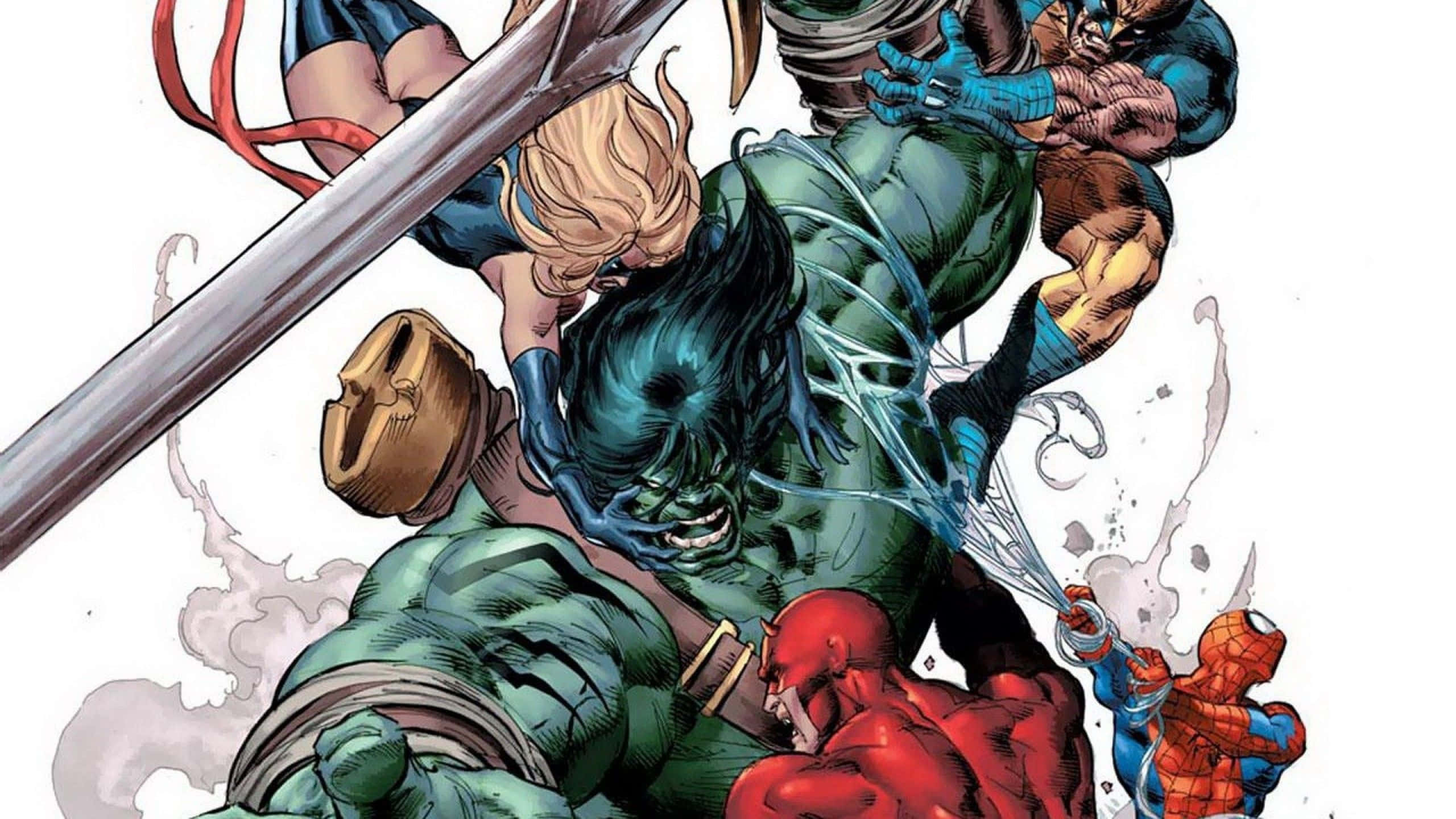 Marvel Comics 2560x1440 桌布 壁紙 — 動態漫畫插圖，描繪浩克與多位超級英雄在半空中戰鬥。
