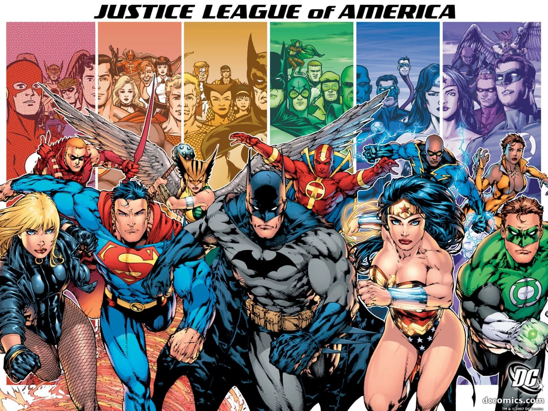 Comics 桌布 壁紙 — 動態漫畫插圖，描繪美國正義聯盟的英雄們以大膽姿勢站在充滿活力的分段背景前。