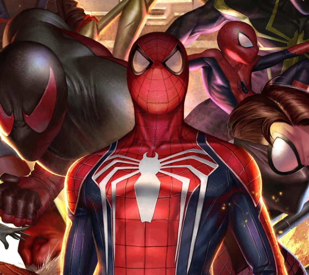 Spider-geddon 桌布 壁紙 — 動態漫畫插圖，蜘蛛人與其他蜘蛛英雄一起擺出動作姿勢。
