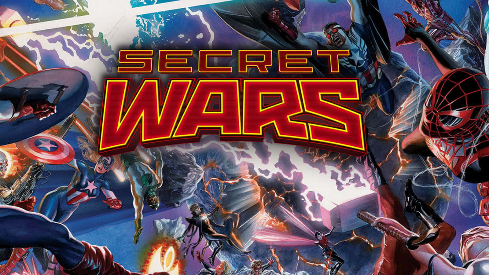 Secret Wars 桌布 壁紙 — 動態漫畫書封面， featuring 超級英雄如美國隊長和蜘蛛人在閃電和爆炸中戰鬥。