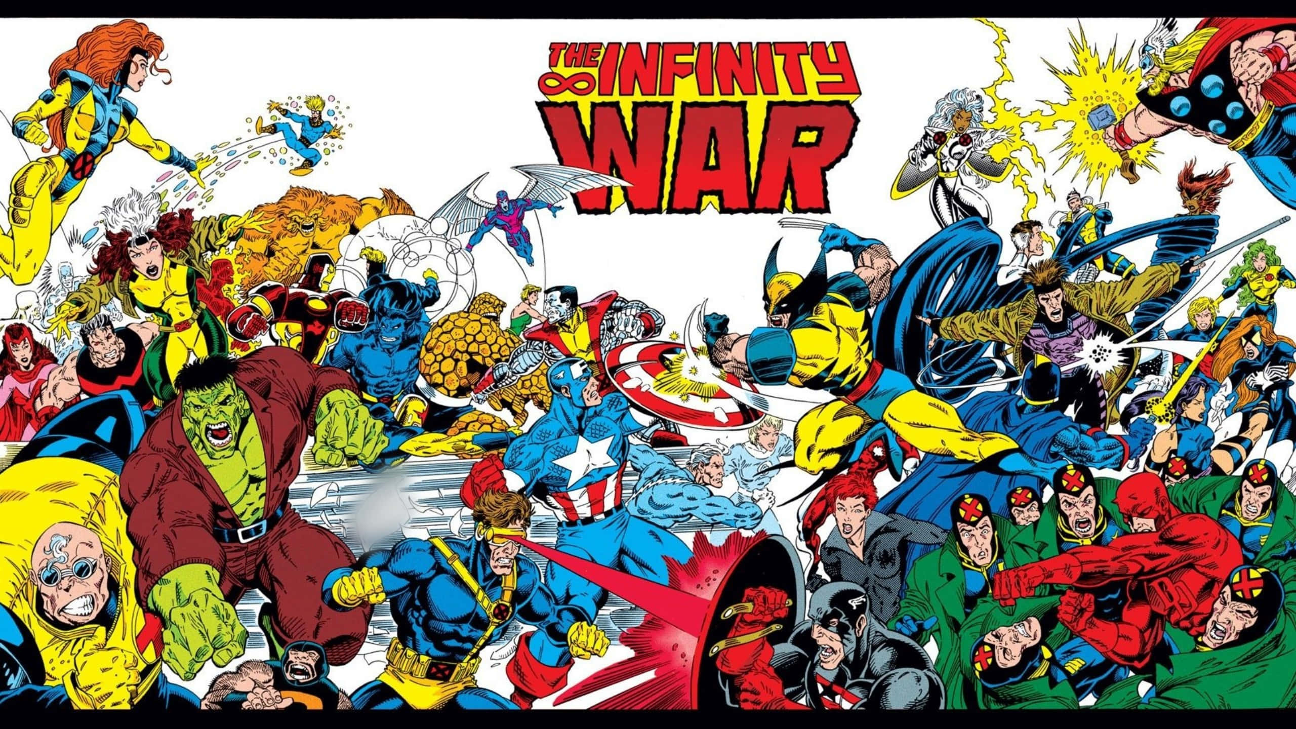 漫威 桌布 壁紙 — 動態漫畫書插圖，描繪Marvel超級英雄與反派圍繞Infinity War標題激烈戰鬥。