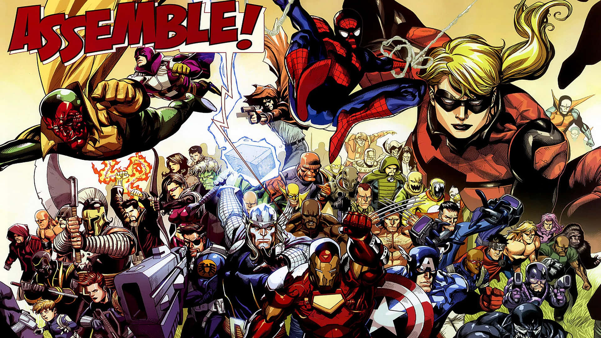 Secret Invasion 桌布 壁紙 — 動態漫畫書插圖，描繪各種超級英雄和反派以鮮豔色彩和動作姿勢集結戰鬥。