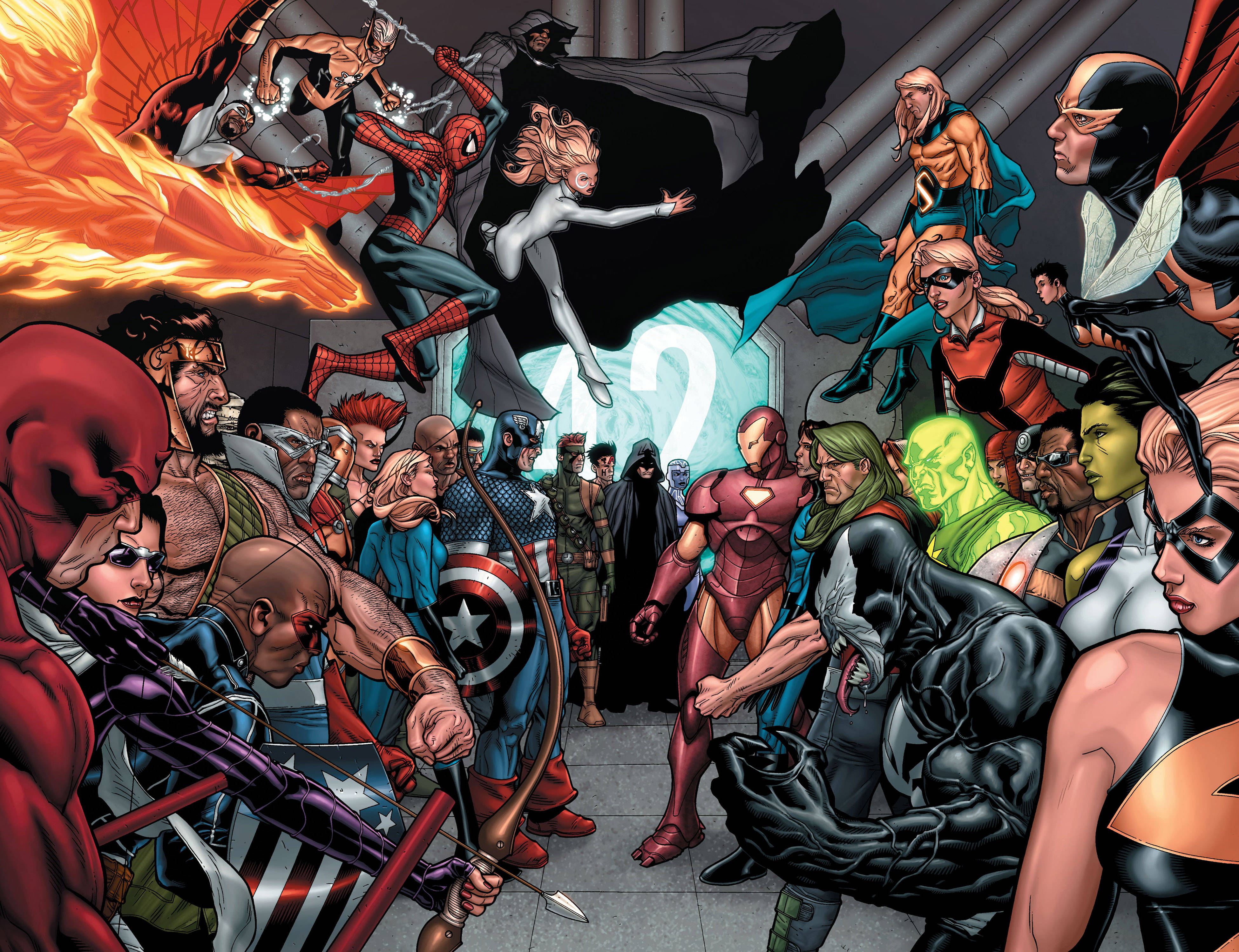Marvel Aesthetic 桌布 壁紙 — 動態漫畫書插圖，描繪超級英雄與反派在緊張對峙中，充滿火焰能量和戲劇性姿勢。