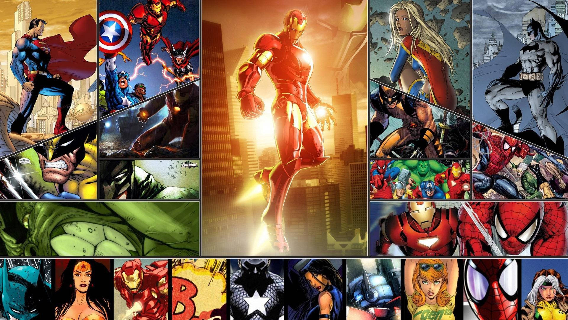 HD superhero 桌布 壁紙 — 動態漫畫書面板展示了標誌性超級英雄，如鋼鐵人和蝙蝠俠，在城市景觀和戲劇性天空背景下的大膽動作姿勢。