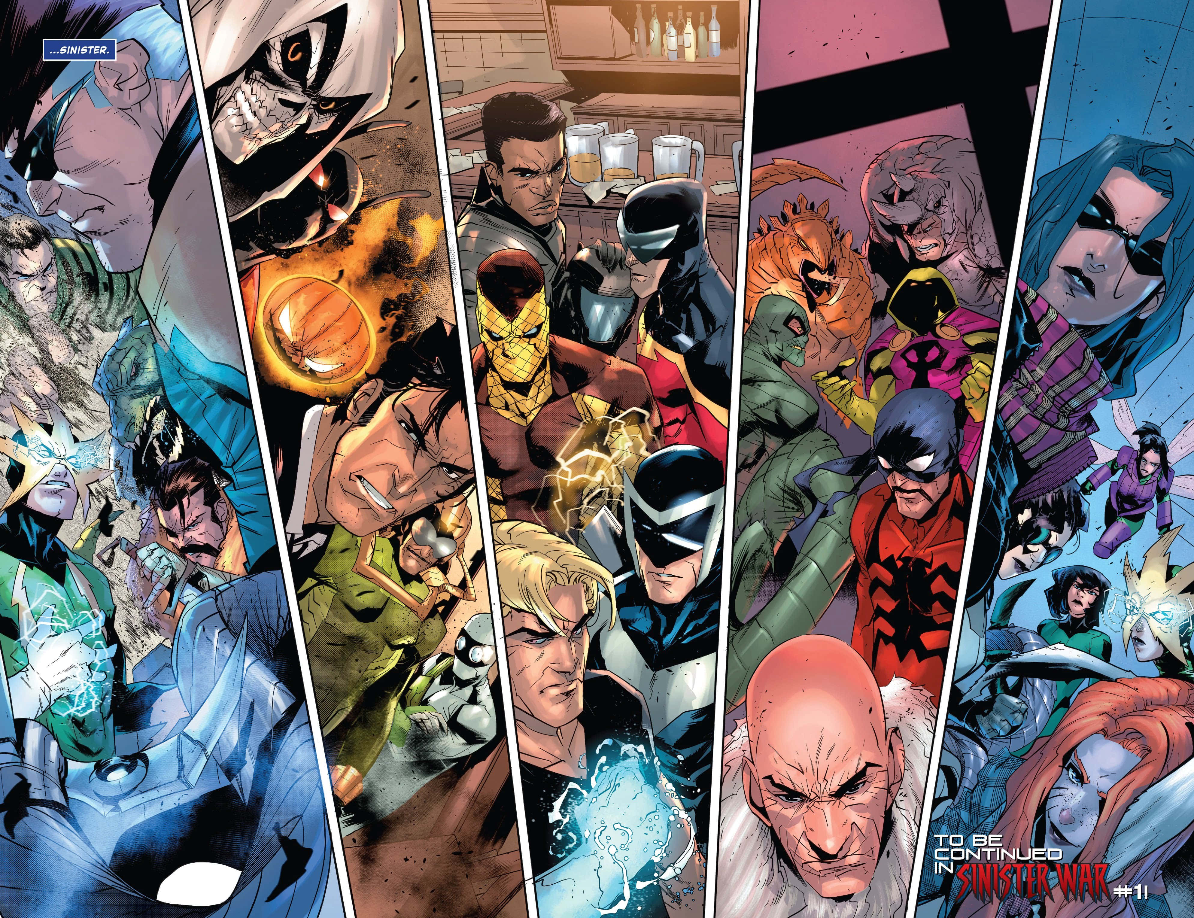 Sinister Six 桌布 壁紙 — 動態漫畫書面板展示兇猛的超級英雄和反派角色，在破碎的佈局中以戲劇性的動作姿勢呈現。