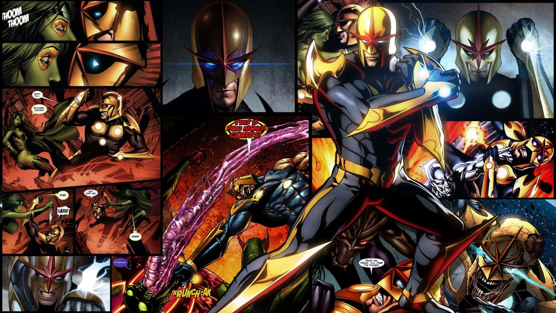 Nova Corps 桌布 壁紙 — 動態漫畫書面板顯示一位身穿金色和黑色盔甲的超級英雄用能量爆炸和戲劇性的特寫鏡頭與敵人作戰。